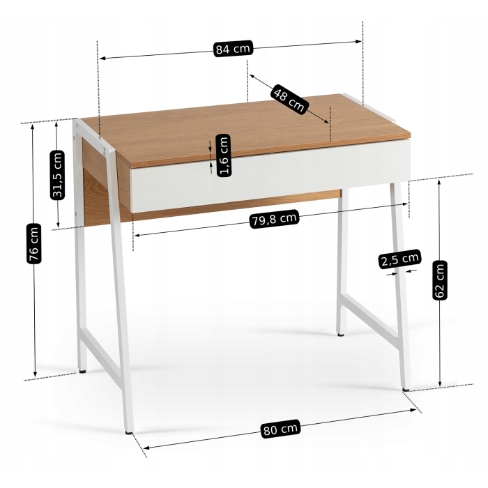 Biurko Małe z Szufladą MORI 84 cm Dąb Białe Skandynawskie