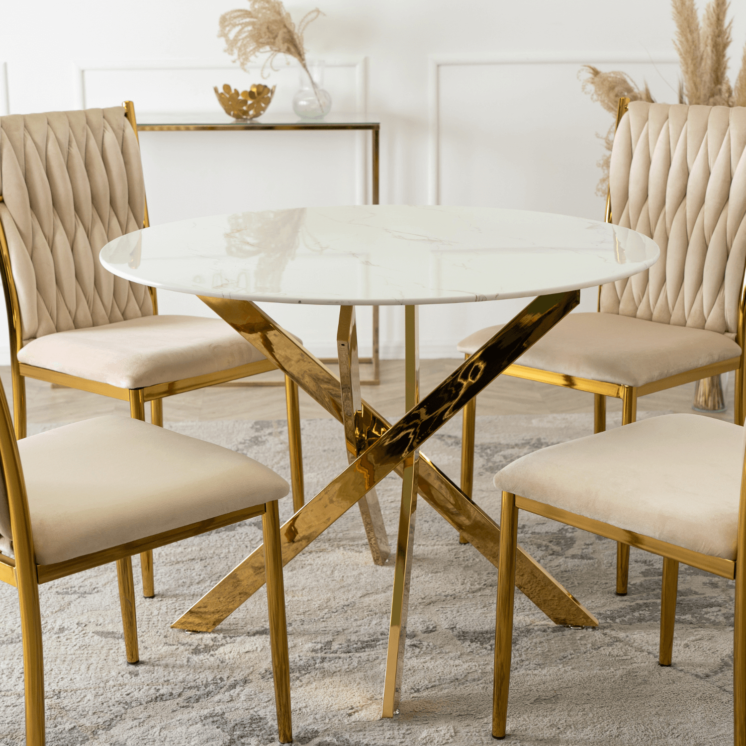 Stół Okrągły Szklany BALI 100 cm Biały Marmur/Złoty Glamour ME.BALI/BM/ZL/S