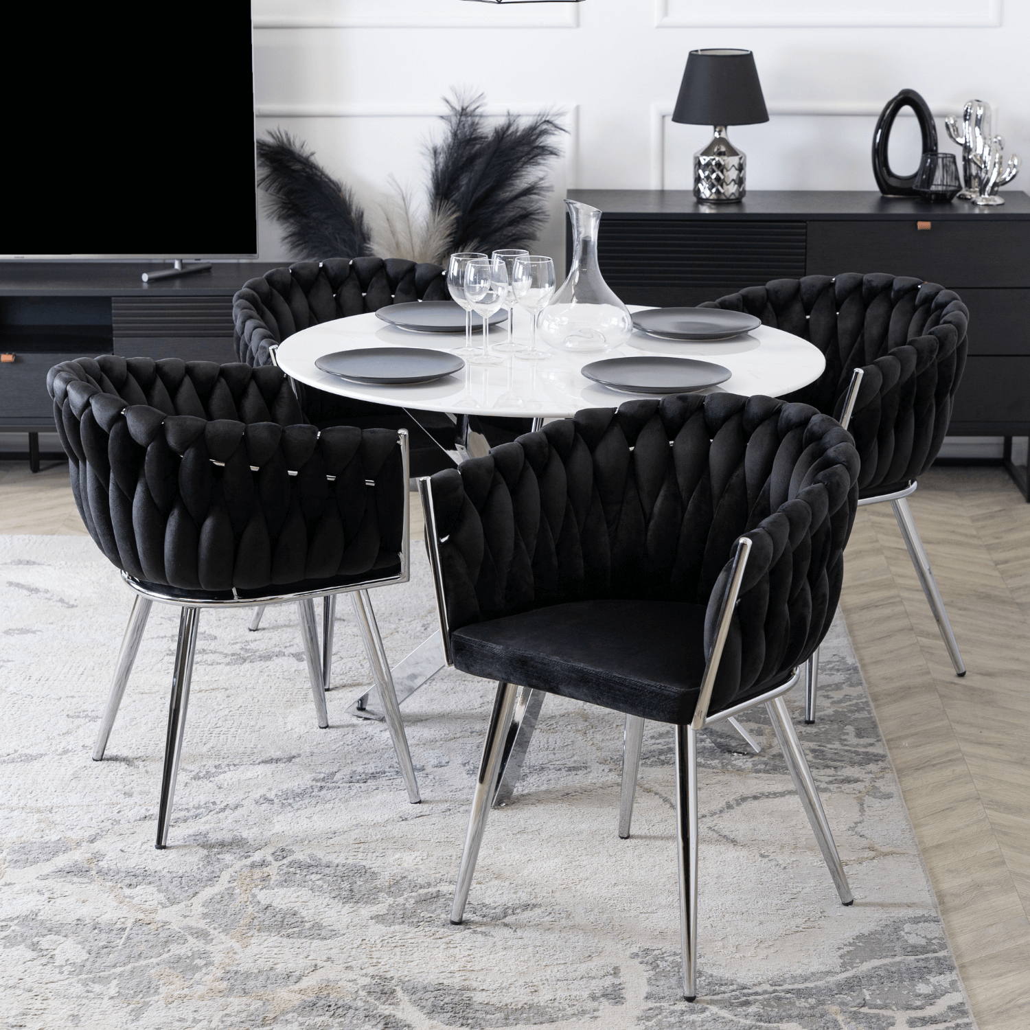 Stół Okrągły Szklany SOUL 100 cm Biały Marmur/Srebrny Glamour ME.SOUL/BM/SR/S