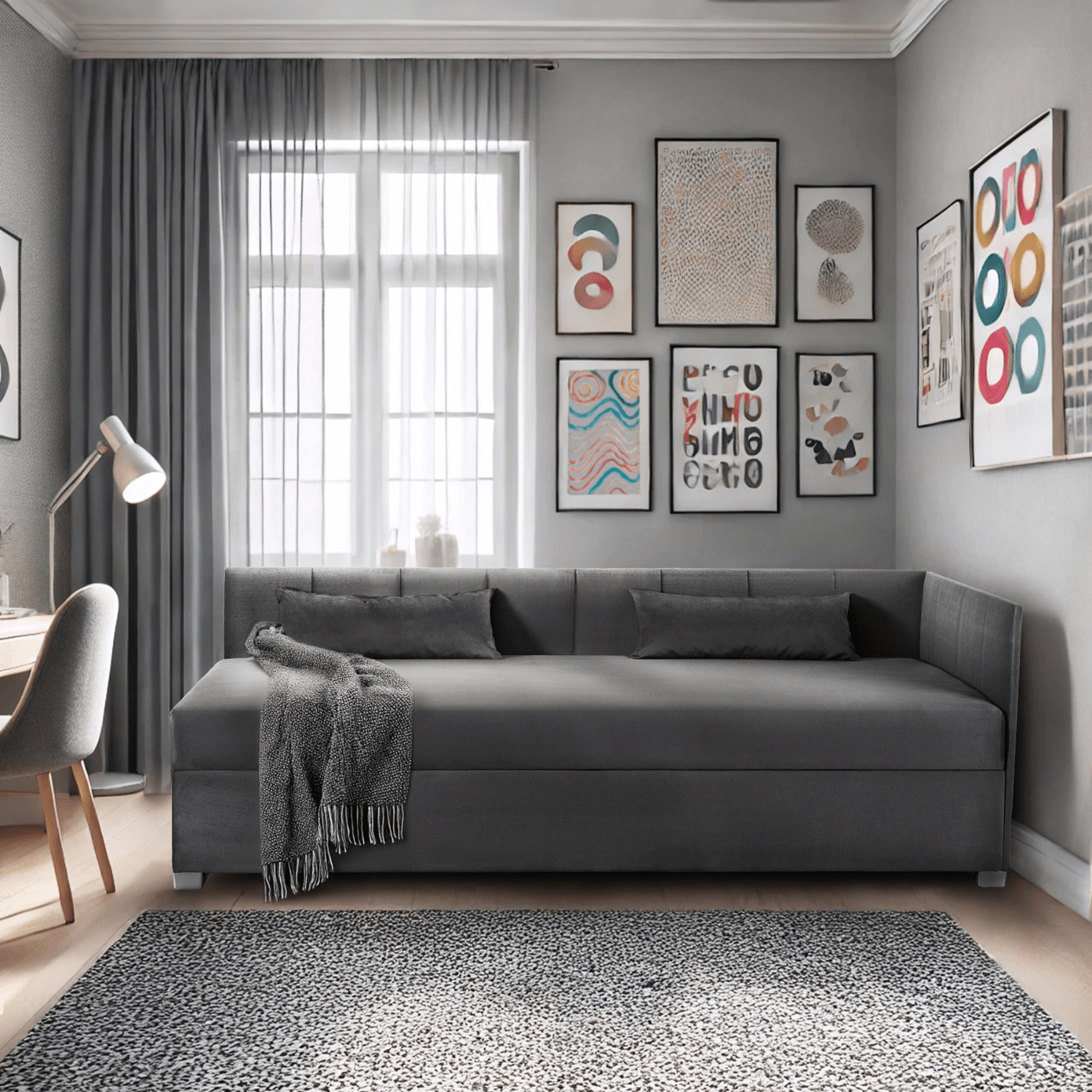 Łóżko Tapczan Młodzieżowe KARO 2 90x200 cm Narożne Szare Welurowe PPHUE.BARTEK2/KRONOS22/WER