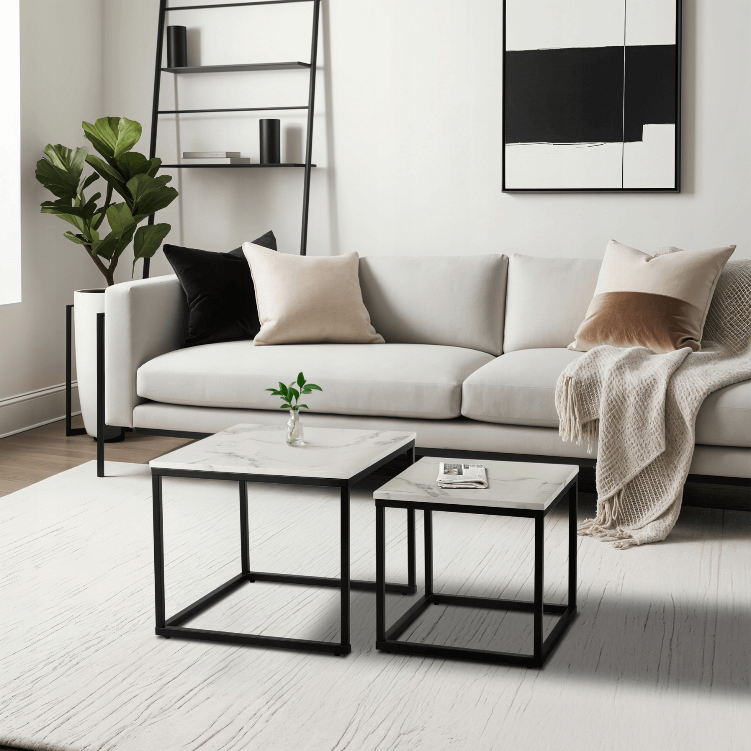 Zestaw Stolików Kawowych ORI Biały Marmur/Czarny do Salonu Glamour Nowoczesny ME.ORI/BM/CZ/L