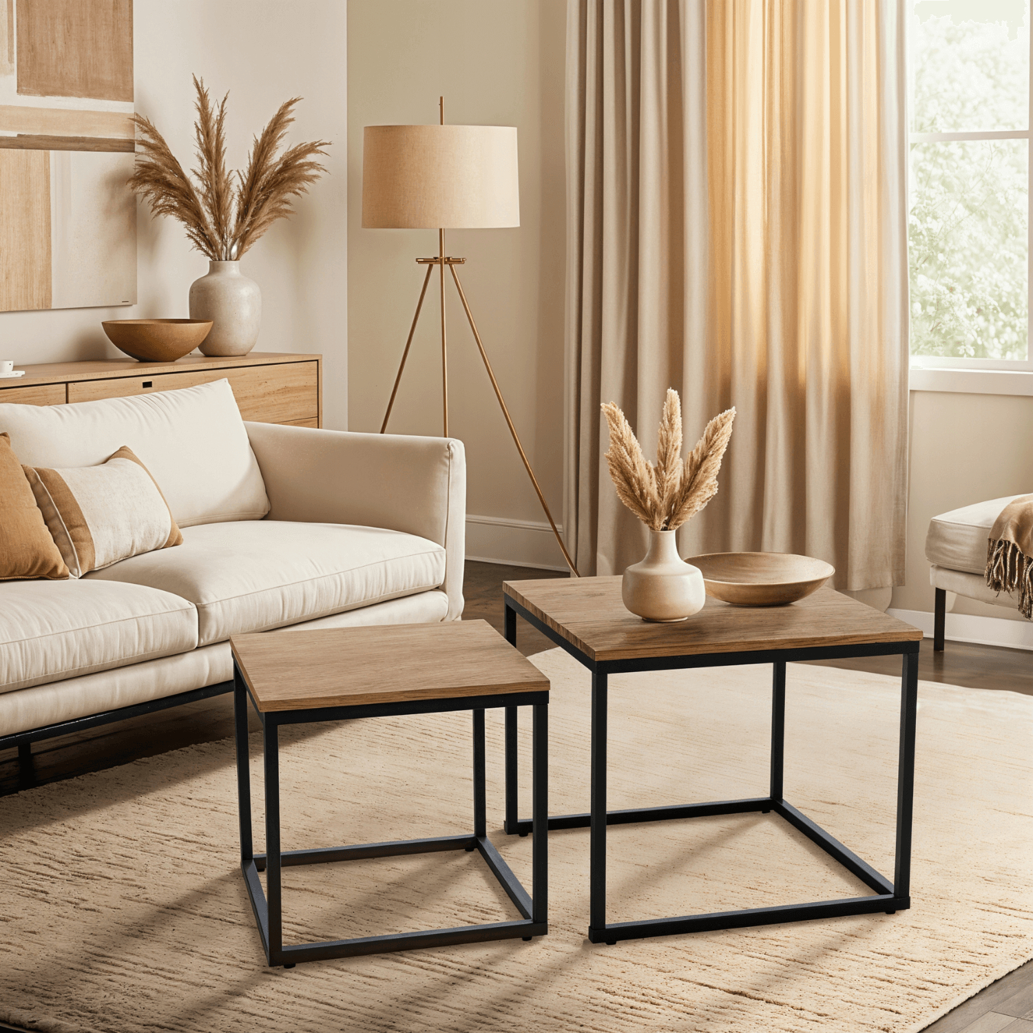 Zestaw Stolików Kawowych CARMI Dąb Złoty/Czarny do Salonu Loft ME.CARMI/DZ/CZ/L