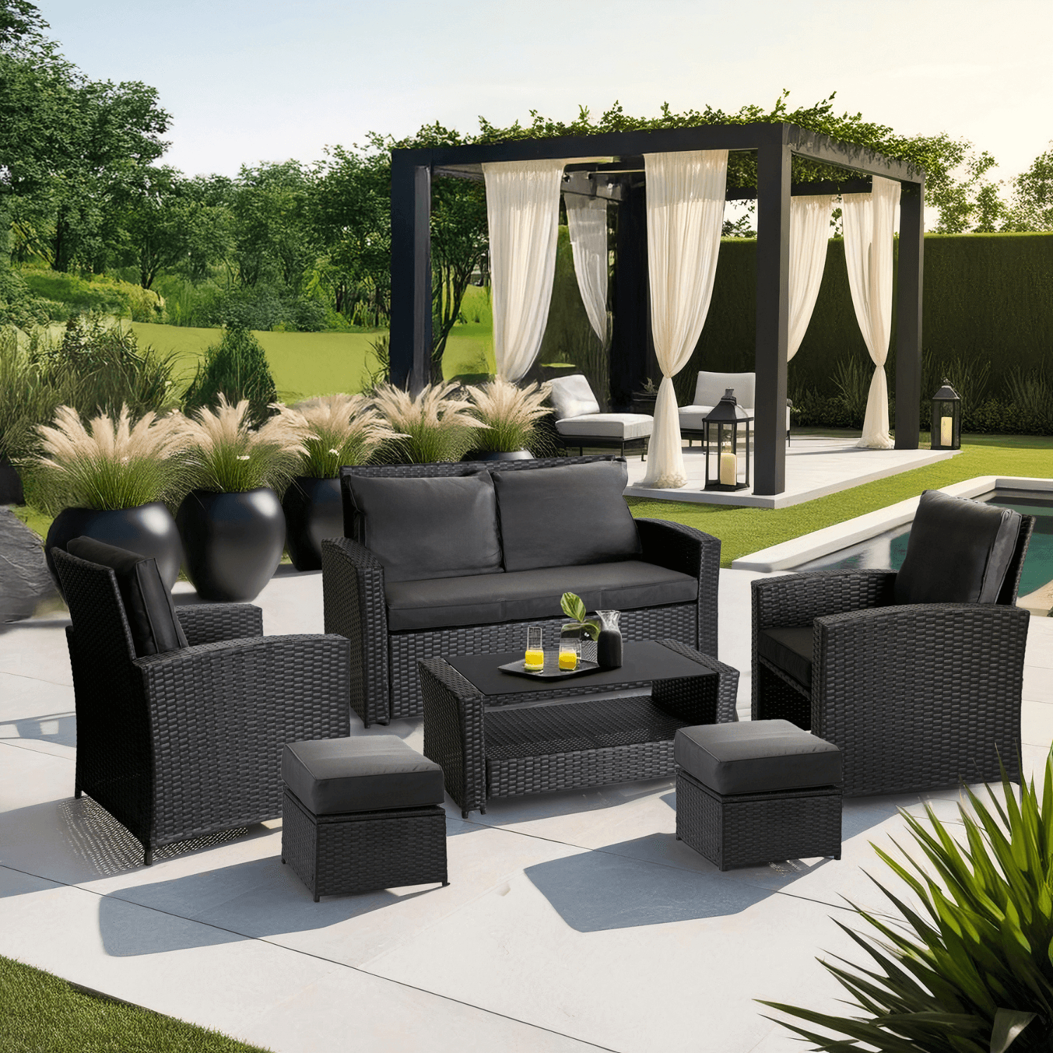 Zestaw Mebli Ogrodowych FLORYDA Ciemnoszary Sofa Krzesła Pufy Stolik Tarasowy Technorattan Nowoczesny ME.FLORYDA/CP/RT/OGR/ZES