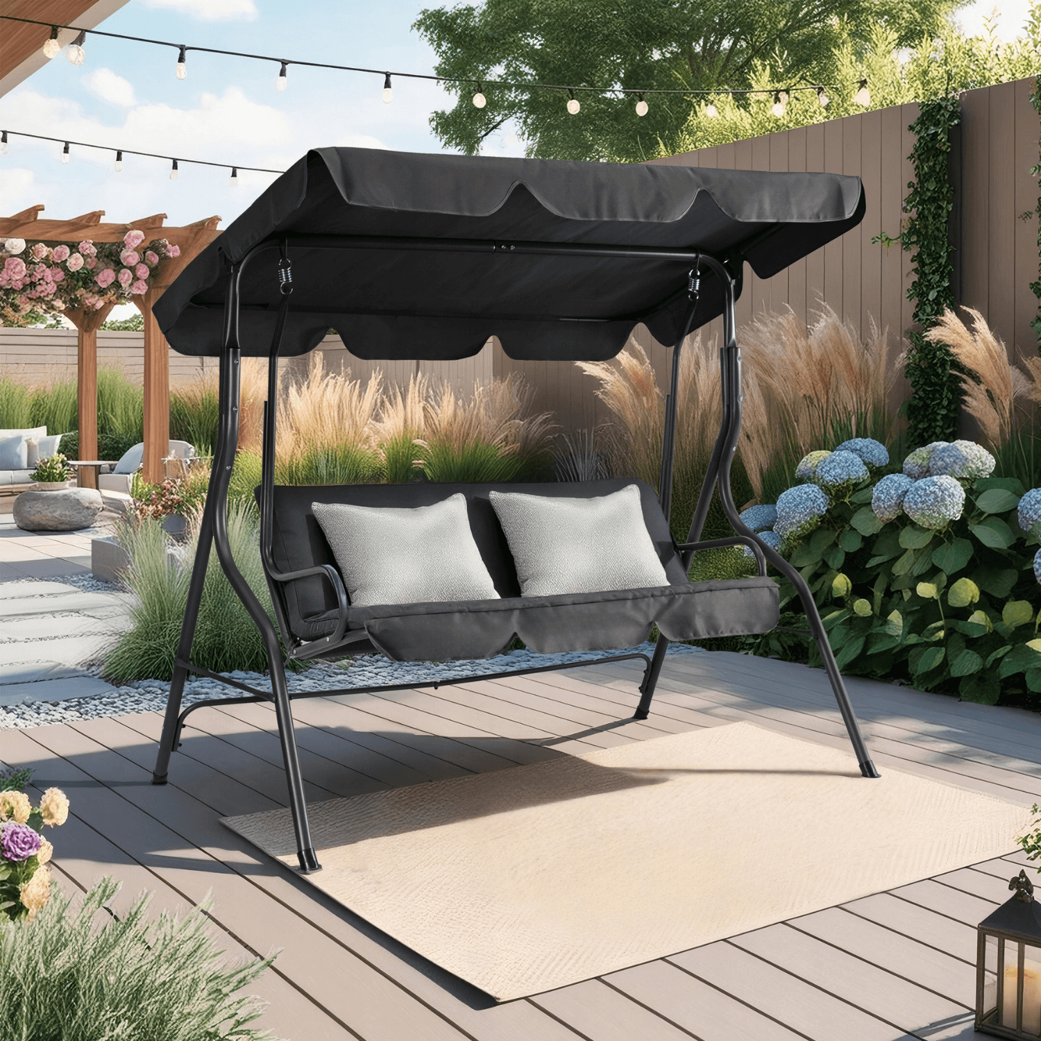 Huśtawka Ogrodowa Trzyosobowa Wisząca z Regulowanym Daszkiem RENO Szara Nowoczesna ME.RENO/P/T/OGR/HUS