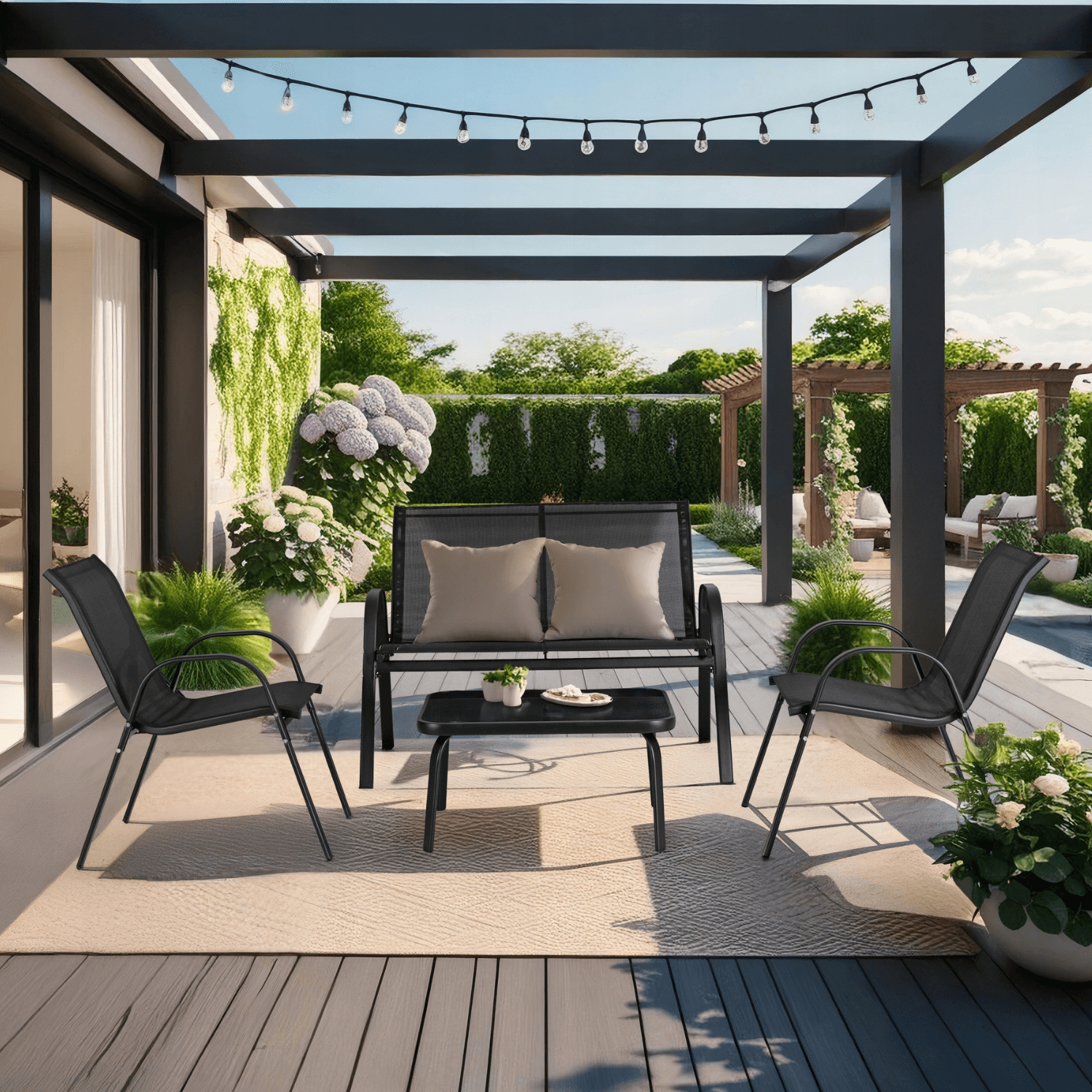 Zestaw Mebli Ogrodowych MINNESOTA Czarny Ławka Krzesła Stolik Tarasowy Siatka Nowoczesny ME.MINNESOTA/CZ/T/OGR/ZES