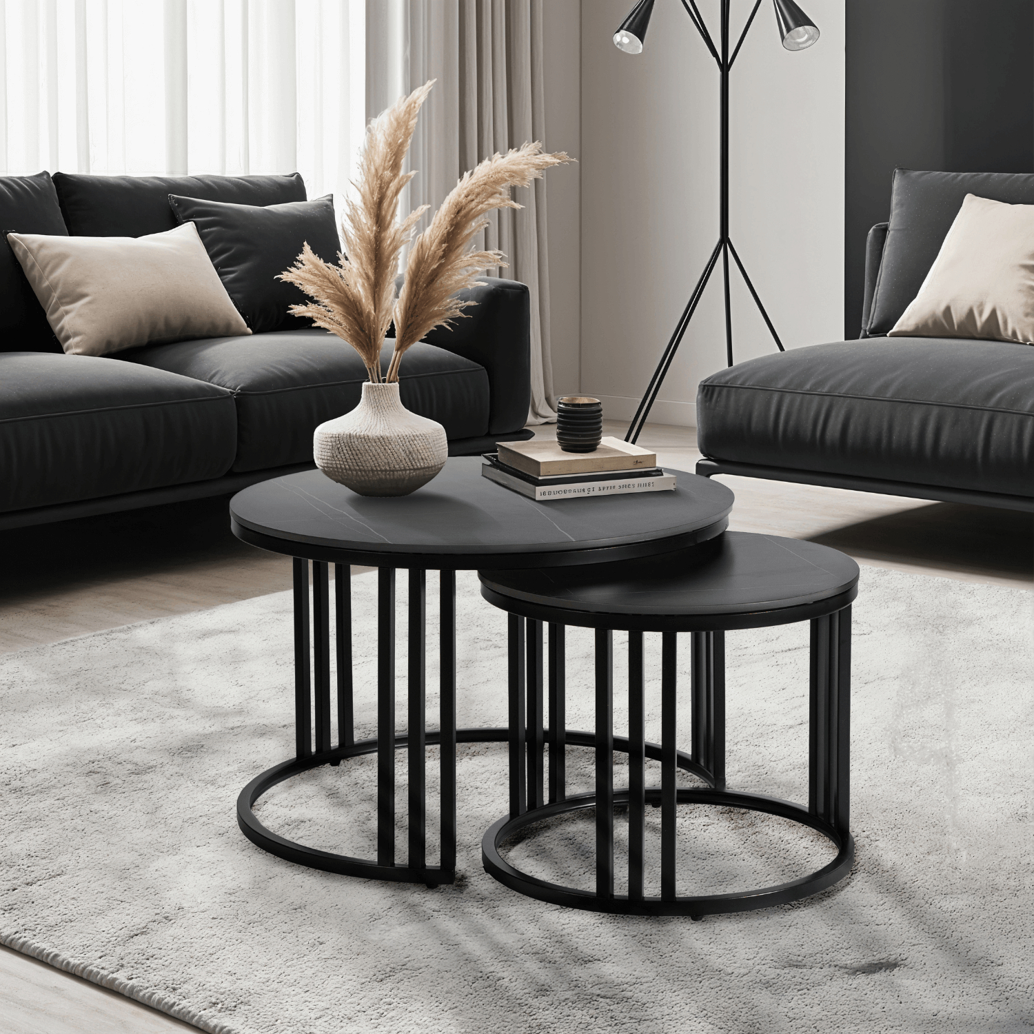 Zestaw Stolików Kawowych JERRY Czarny Marmur/Czarny do Salonu Nowoczesny ME.JERRY/CZCER/L