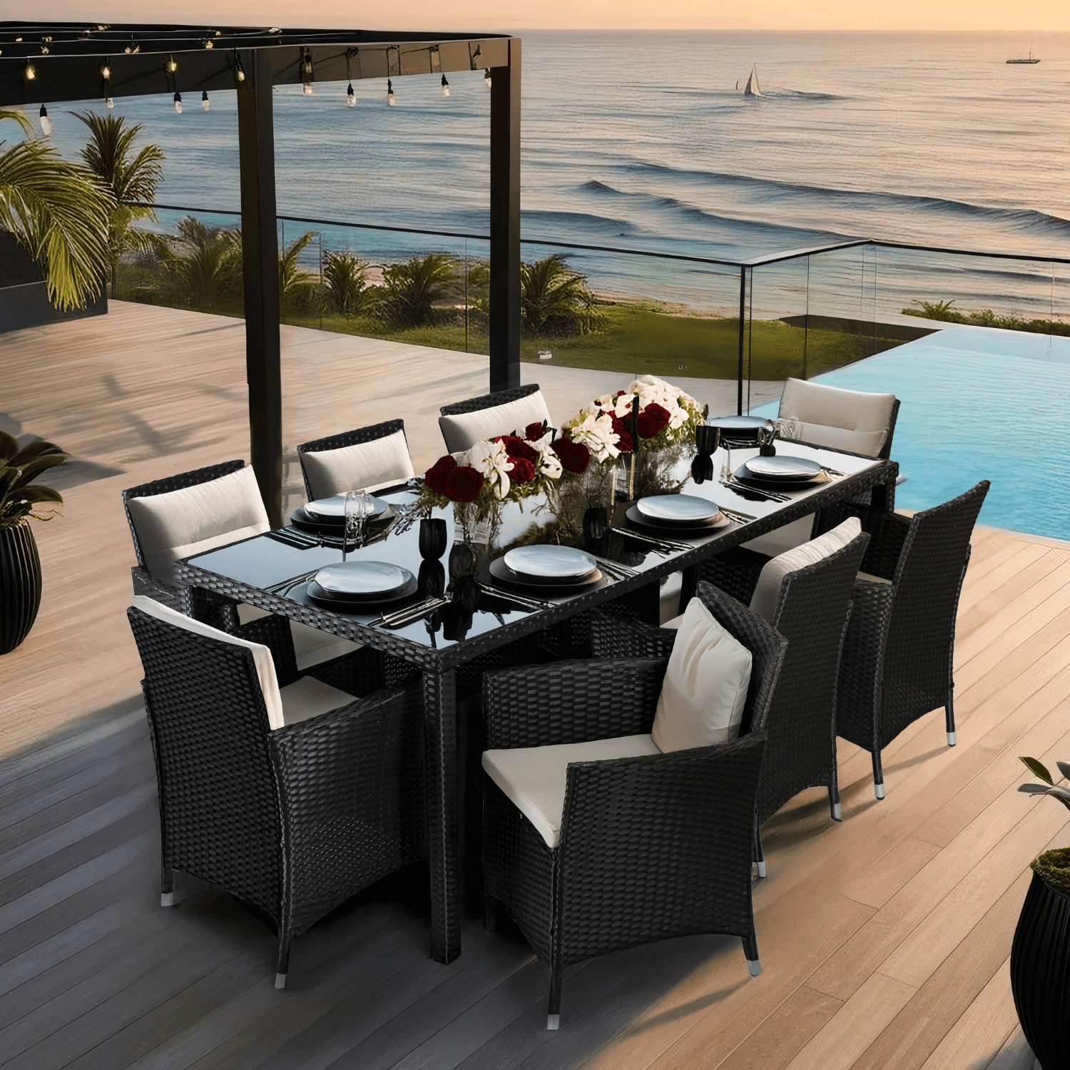 Zestaw Mebli Ogrodowych POMONA Czarny/Beżowy 8 Krzeseł Stół Tarasowy Technorattan Nowoczesny ME.POMONA/CZ/RT/OGR/ZES