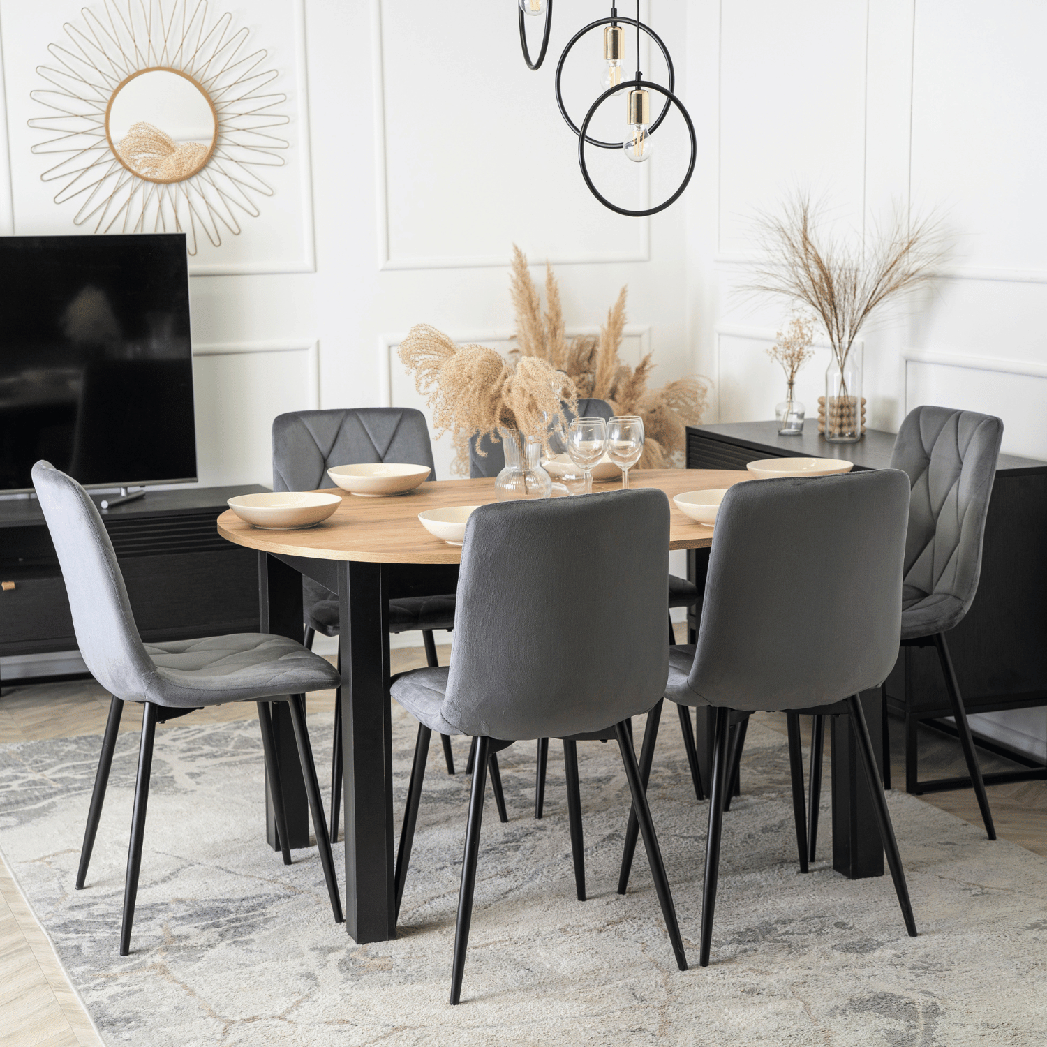 Zestaw Stół Okrągły Rozkładany HARRY 102-142 cm Dąb Craft/Czarny i 6 Krzeseł Tapicerowanych ROBIN Szarych Nowoczesnych W.HARRY/DC/CZ/S/ROBIN/P/V/Z6/K