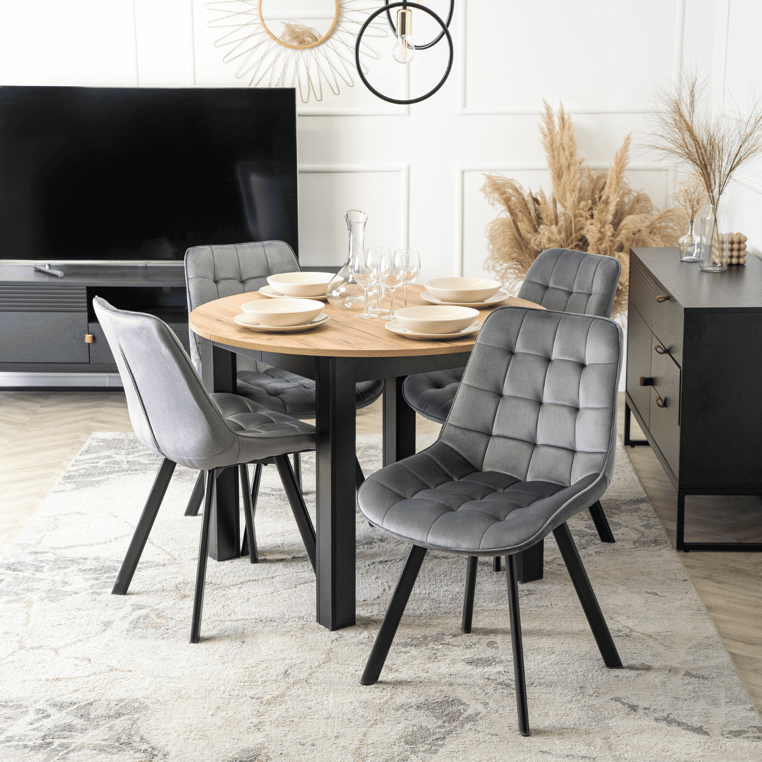 Zestaw Stół Okrągły Rozkładany HARRY 102-142 cm Dąb Craft/Czarny i 4 Krzesła Tapicerowane RICK Szare Nowoczesne W.HARRY/DC/CZ/S/RICK/P/V/Z4/K