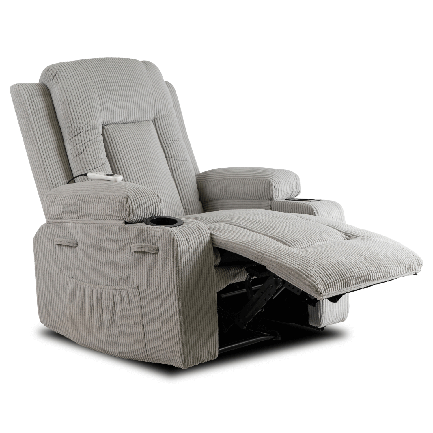 Fotel Masujący BOX Rozkładany Wypoczynkowy z Podnóżkiem Szary Sztruksowy Nowoczesny ME.BOX2/P/SZTR/FW