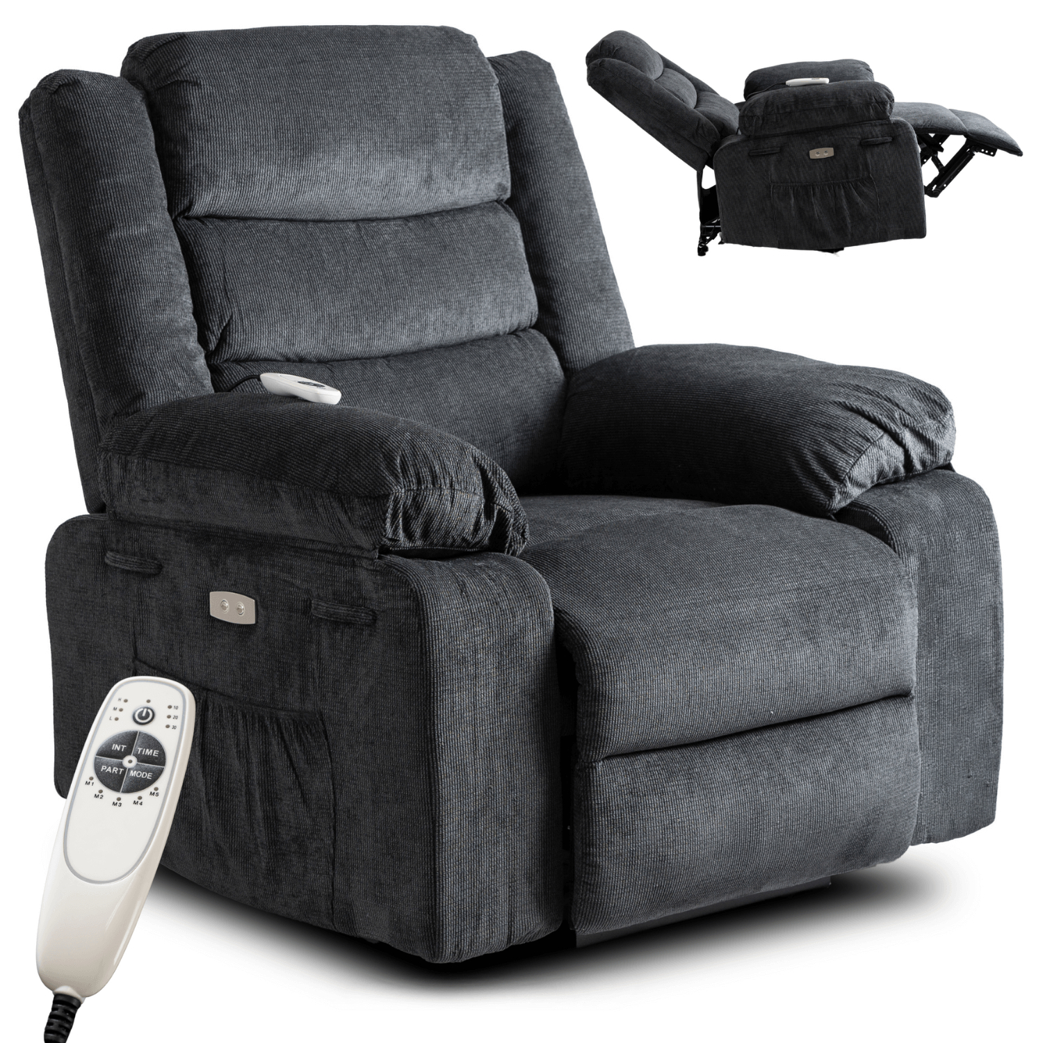 Fotel Masujący JASPER Elektryczny Rozkładany z Podnóżkiem Ciemnoszary Nowoczesny ME.JASPER/CP/T/FW