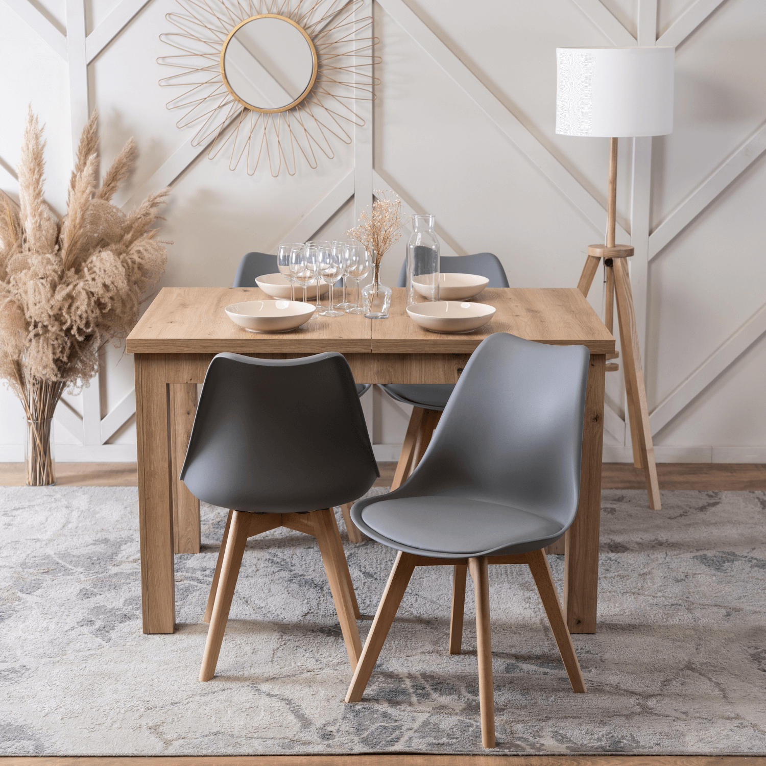 Zestaw Stół Prostokątny SKUBI Rozkładany 120-160 cm Dąb Artisan i 4 Krzesła SCANDI Szare/Dąb W.SKUBI/DA/S/SCANDI/P/D/PL/Z4/K