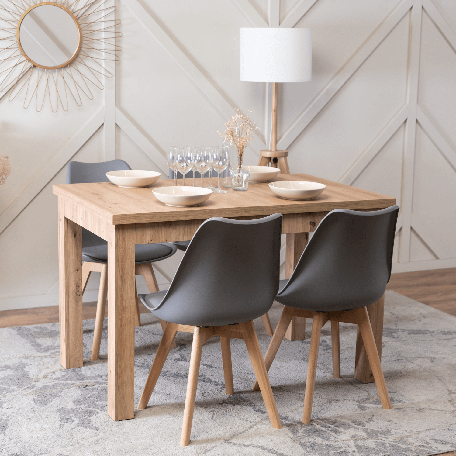 Zestaw Stół Prostokątny SKUBI Rozkładany 120-160 cm Dąb Artisan i 4 Krzesła SCANDI Szare/Dąb W.SKUBI/DA/S/SCANDI/P/D/PL/Z4/K