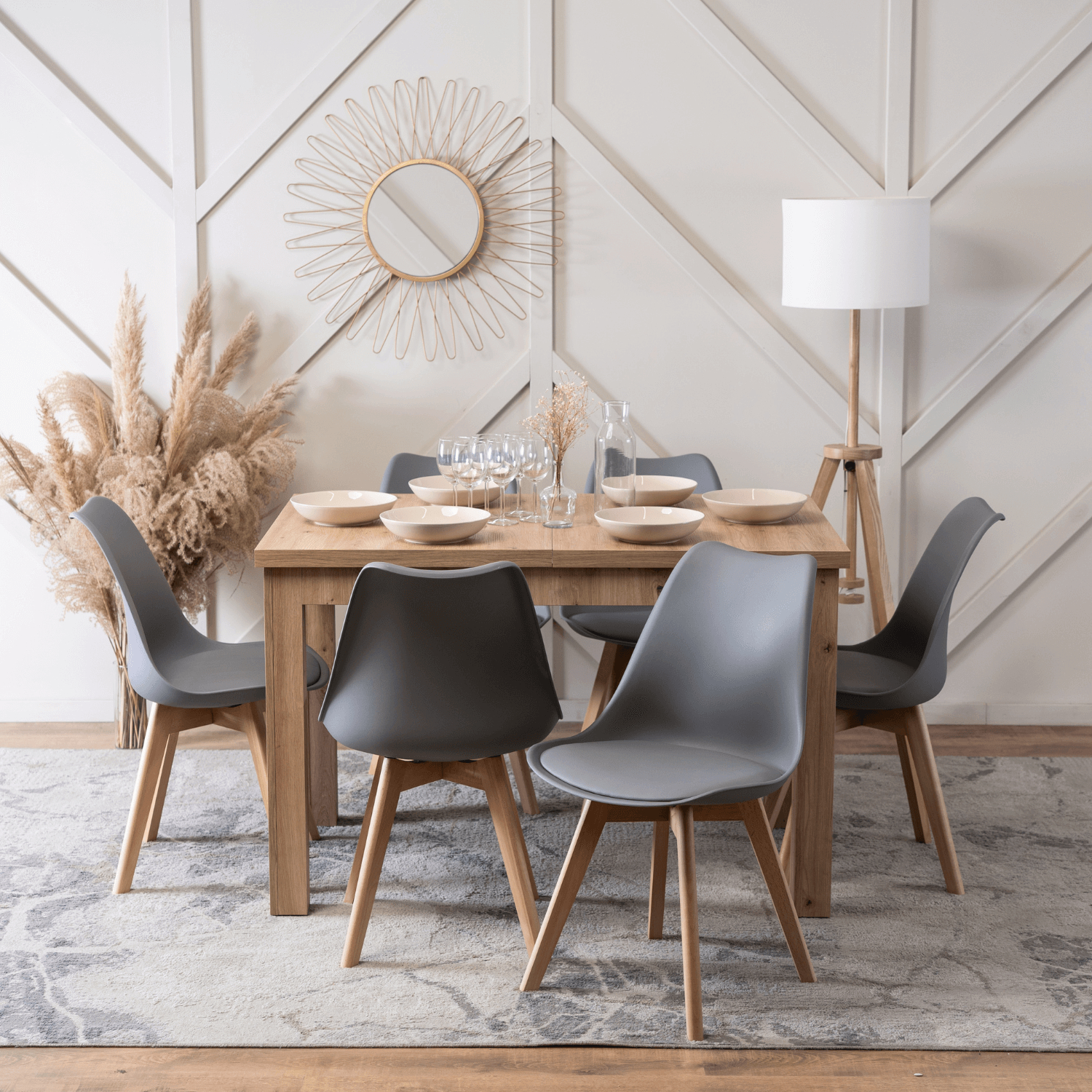 Zestaw Stół Prostokątny SKUBI Rozkładany 120-160 cm Dąb Artisan i 6 Krzeseł SCANDI Szare/Dąb W.SKUBI/DA/S/SCANDI/P/D/PL/Z6/K