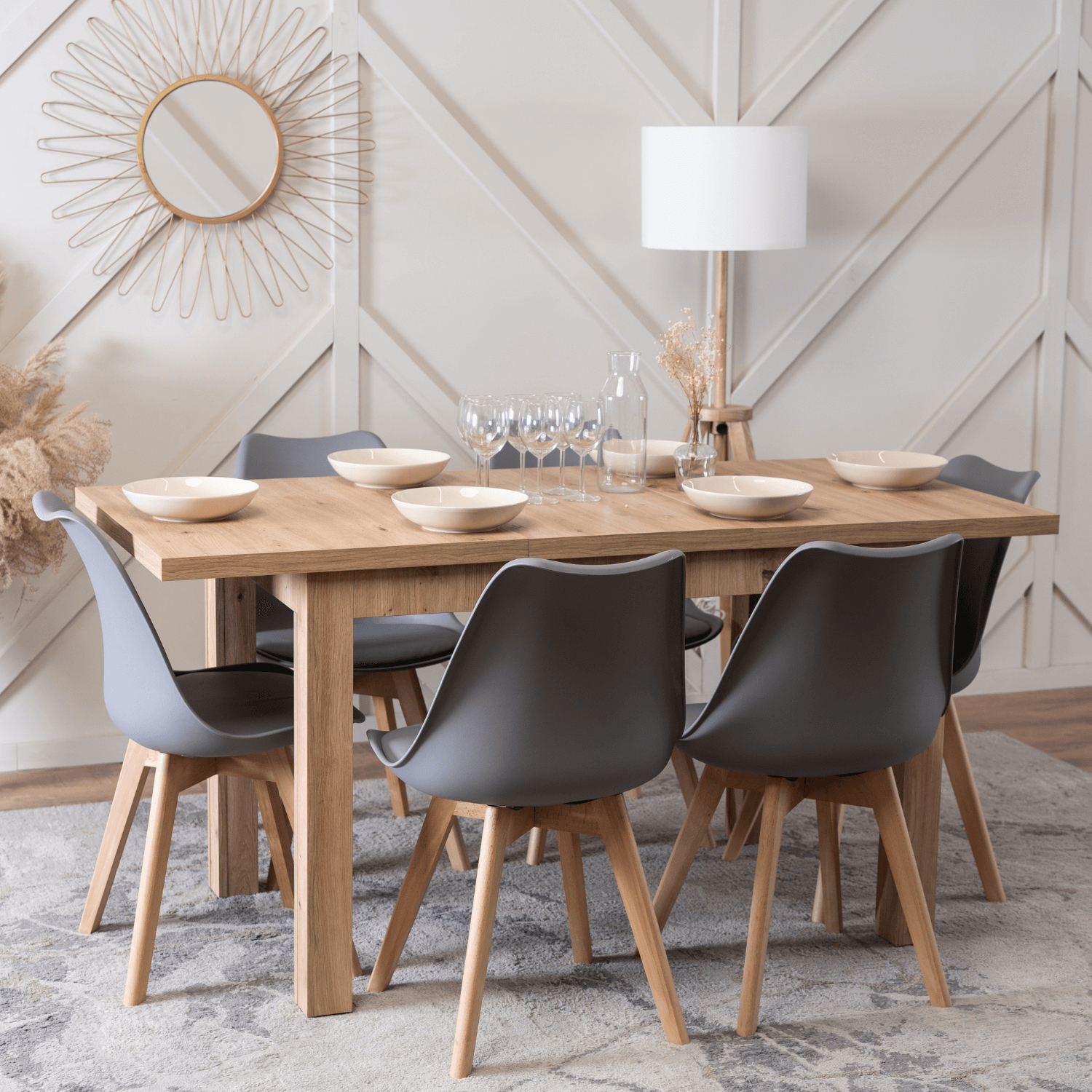Zestaw Stół Prostokątny SKUBI Rozkładany 120-160 cm Dąb Artisan i 6 Krzeseł SCANDI Szare/Dąb W.SKUBI/DA/S/SCANDI/P/D/PL/Z6/K