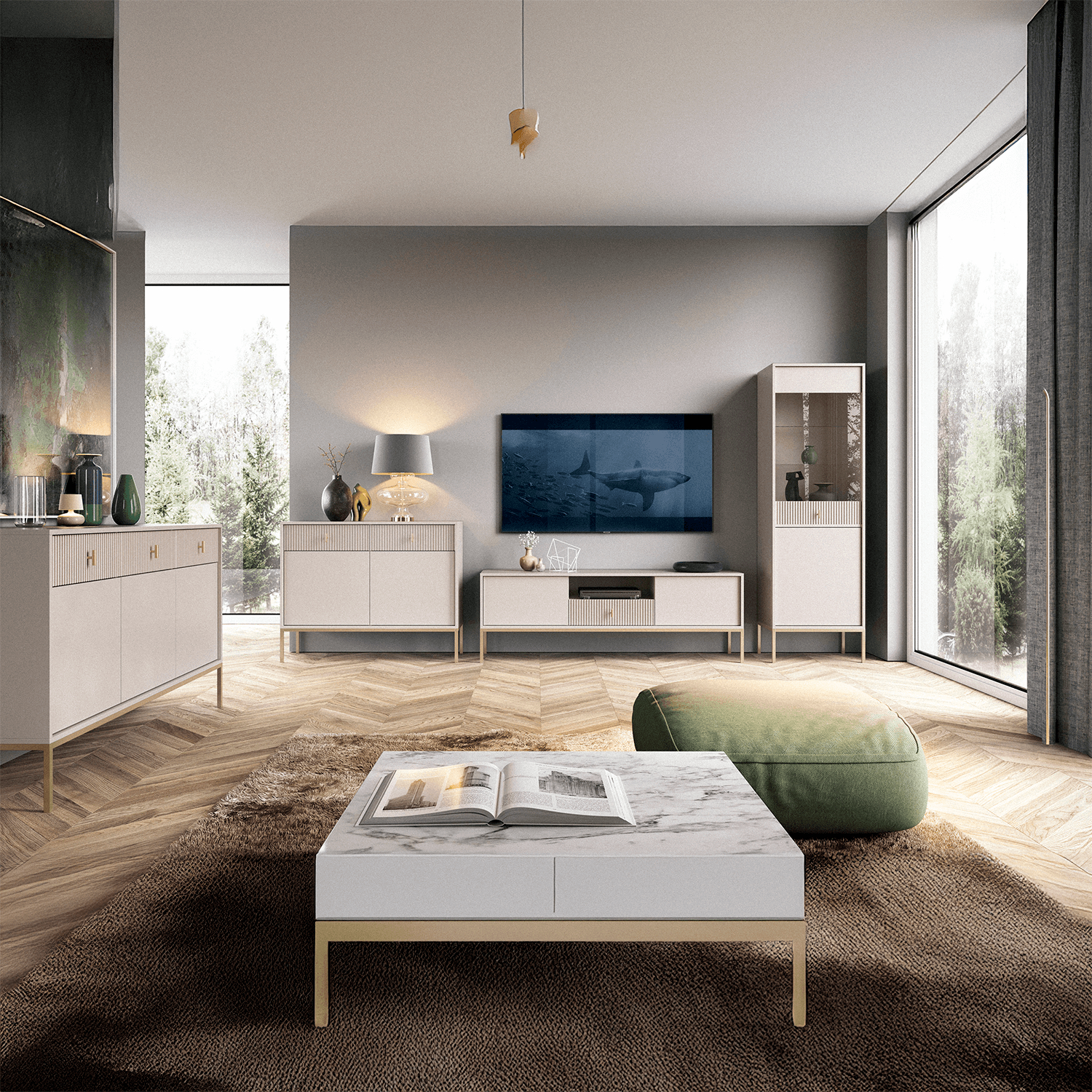 Komoda do Salonu Sypialni MARCOS 154 cm Kaszmir/Złoty Ryflowana Trzydrzwiowa z Szufladami Nowoczesna W.MAGGIORE/KASZ/BZ/ZL/KOM3D3S