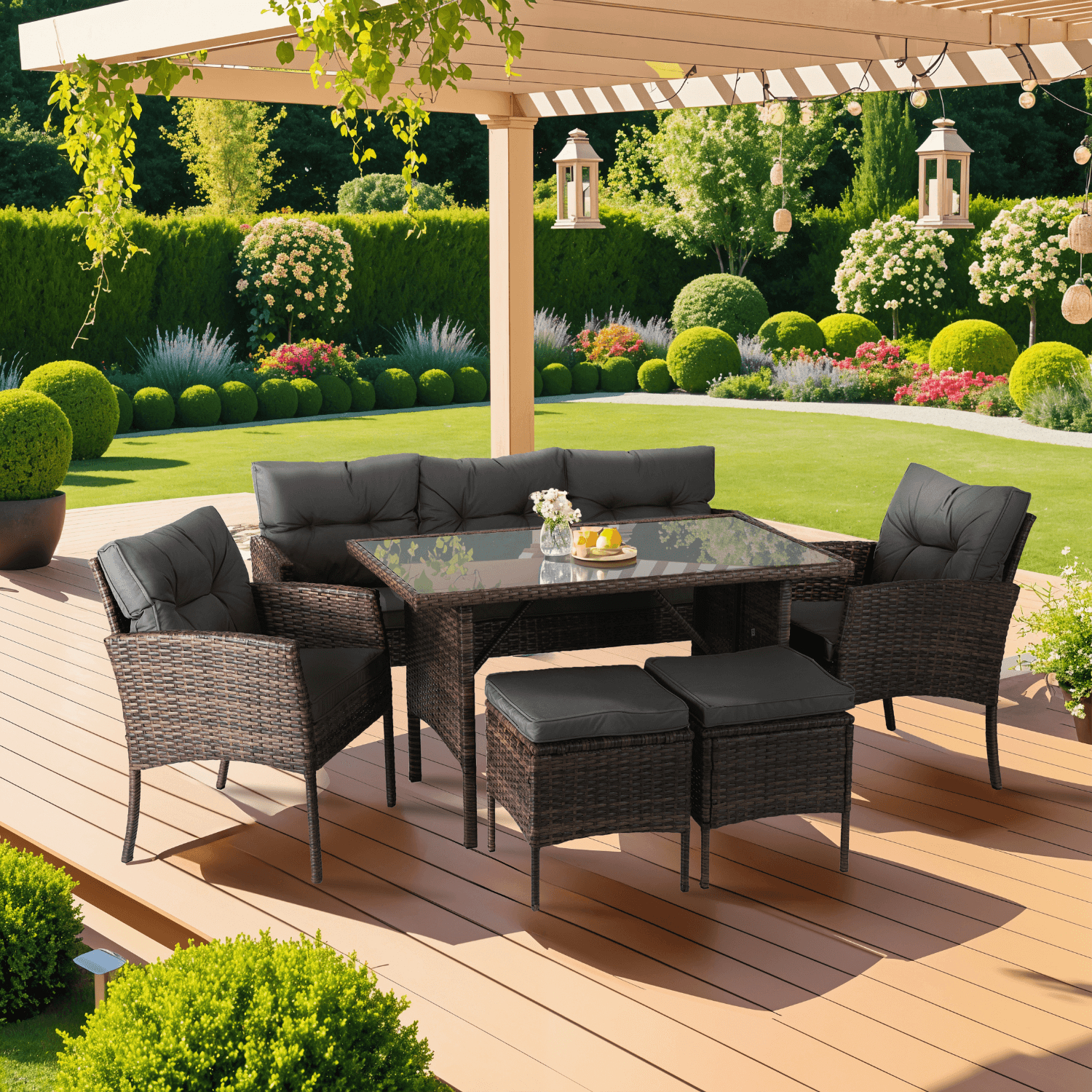 Zestaw Mebli Ogrodowych ATLANTA Brązowy Sofa Pufy Stolik Tarasowy Technorattan Nowoczesny ME.ATLANTA/BR/RT/OGR/ZES