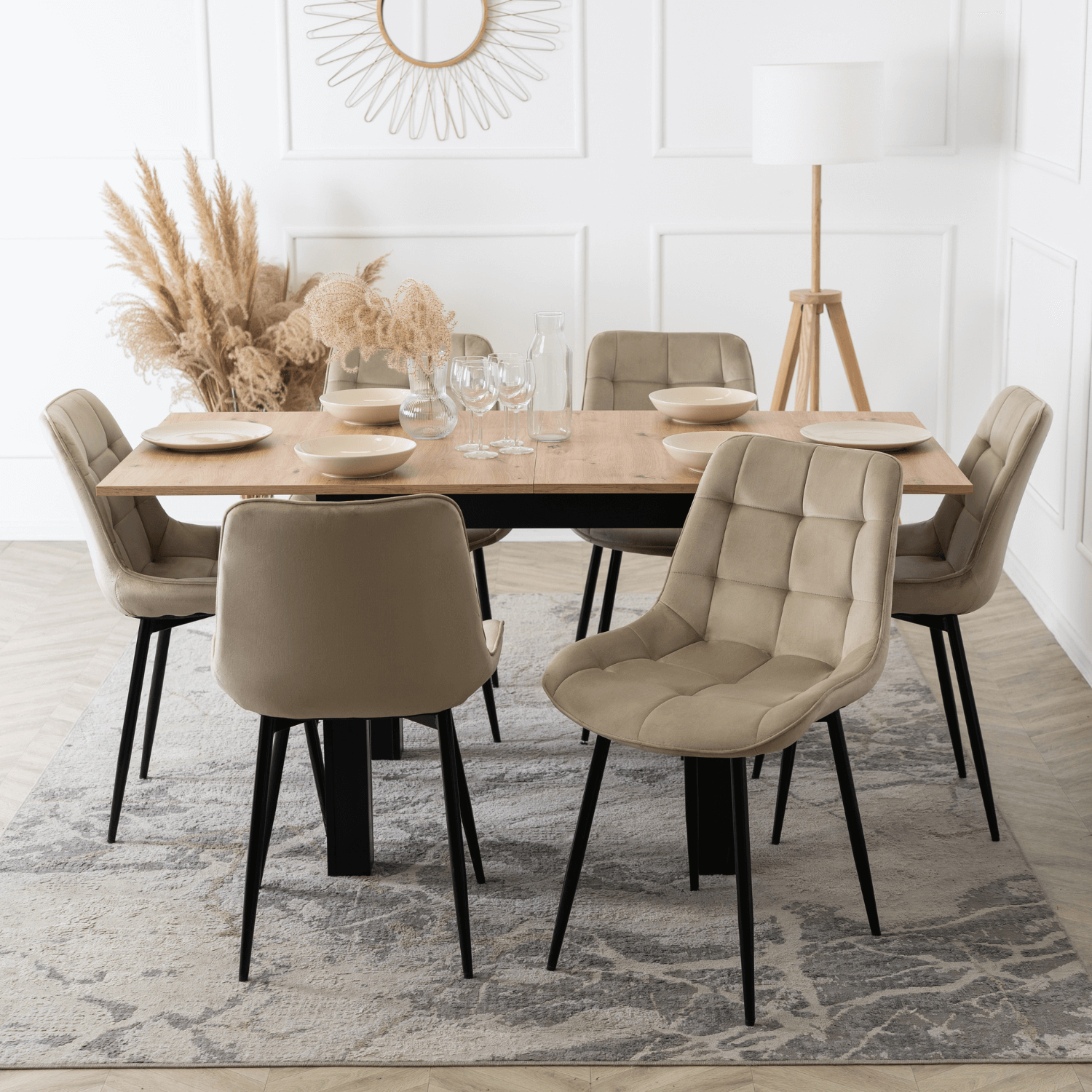 Zestaw Stół Kwadratowy Rozkładany MAX 80-160 cm Dąb Craft/Czarny i 6 Krzeseł Tapicerowanych CHRIS Beżowych Nowoczesnych W.MAX/DC/CZ/S/CHRIS/BZ/CZ/V/Z6