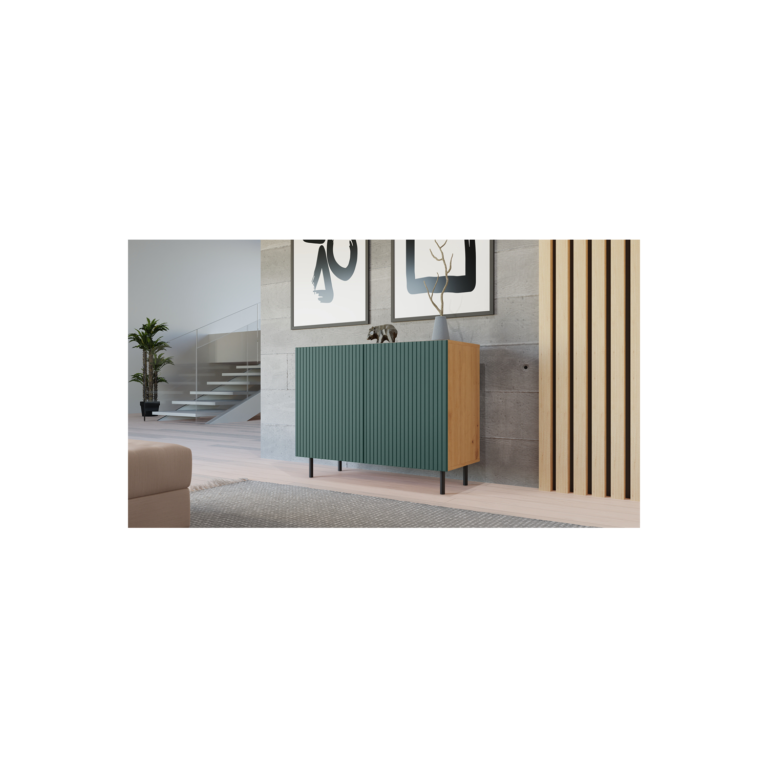 Komoda do Salonu ELIA SLIM 100 cm Dąb Artisan/ Zielony Dwudrzwiowa Ryflowana Nowoczesna Loft topeshop.49f56480-e2eb-4dbd-8682-fd1576ed40dd