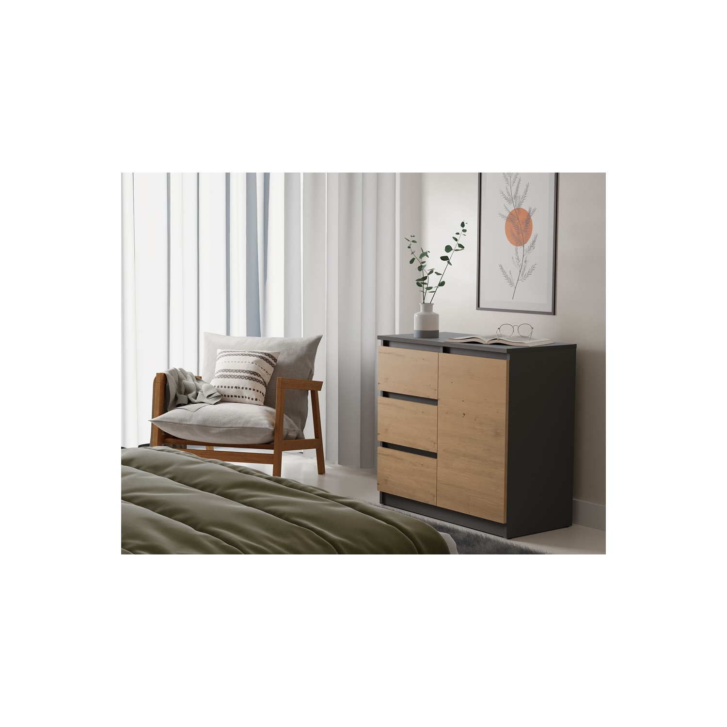 Komoda do Sypialni NELA 80 cm Antracyt/ Dąb Artisan z Trzema Szufladami Nowoczesna Loft topeshop.c3d6e527-9e6d-452c-a849-757a190d7b5a