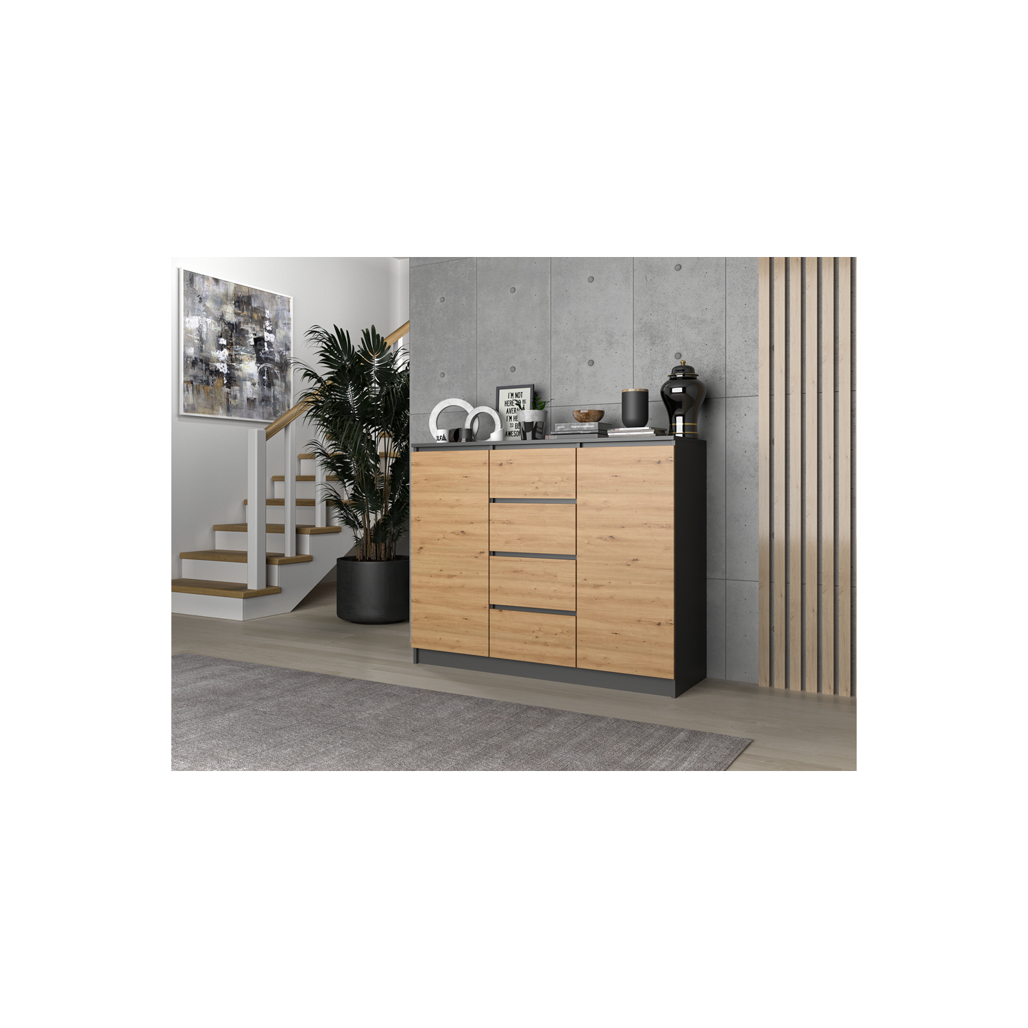Komoda do Salonu NELA 120 cm Antracyt/Dąb Artisan Dwudrzwiowa z 4 Szufladami Nowoczesna Loft topeshop.521844a5-ea45-4eb4-a017-f17b20009215