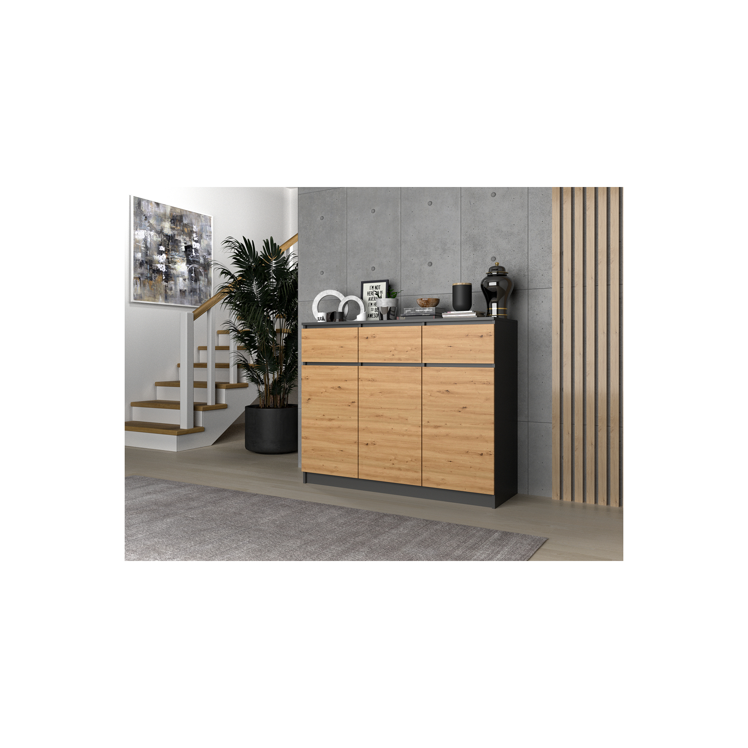 Komoda do Salonu NELA 120 cm Dąb Artisan/Antracyt Trzydrzwiowa z 3 Szufladami Nowoczesna Loft topeshop.0eafd67d-49f3-4ce0-a8c3-0403bcfa9f00