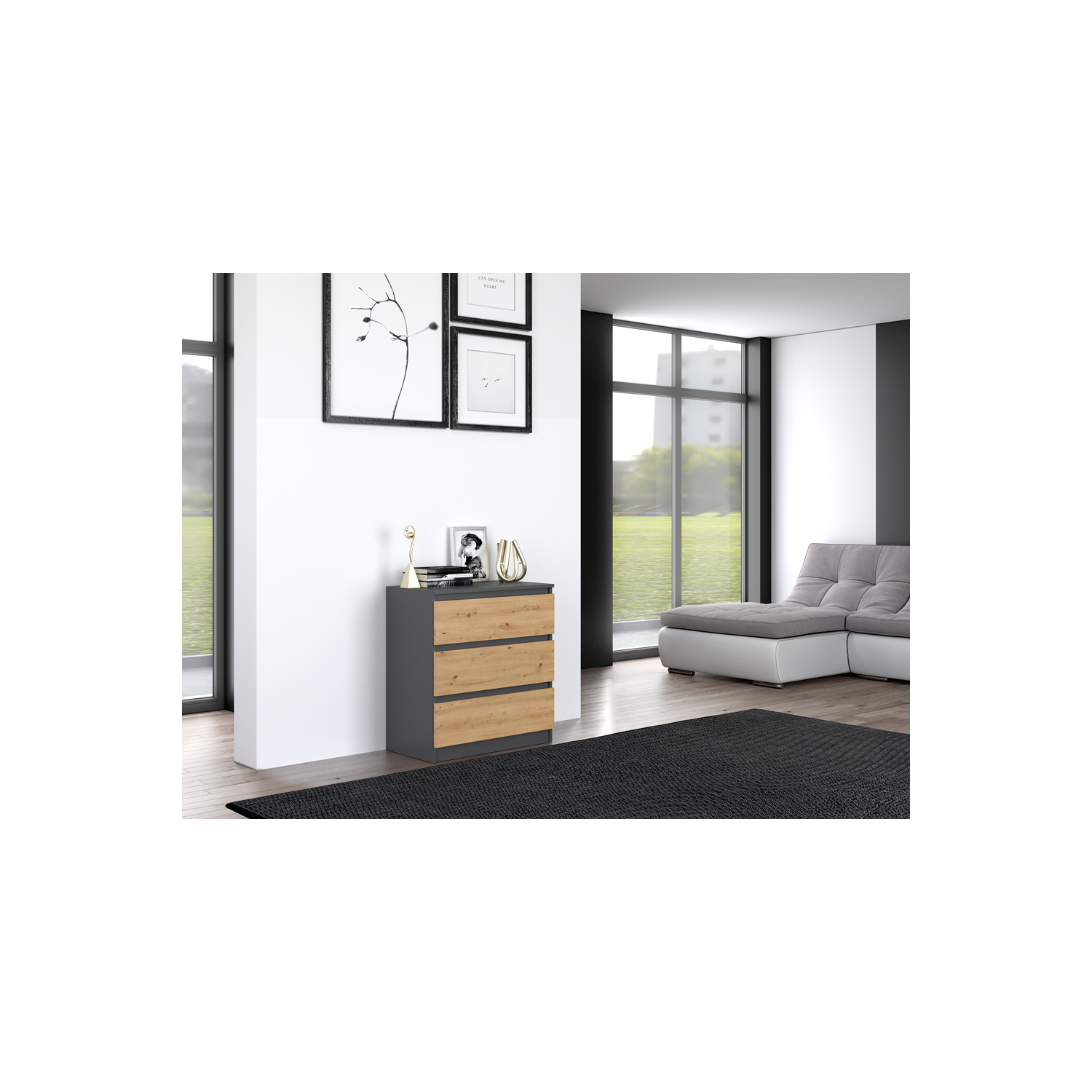 Komoda do Sypialni NELA M3 70 cm Dąb Artisan/Antracyt z Trzema Szufladami Nowoczesna Loft topeshop.ec6de2d3-1b7a-422f-ba74-cefeda4d7e89