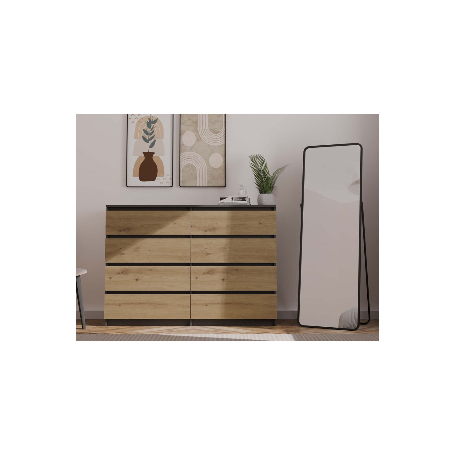 Komoda do Salonu NELA M8 138 cm Dąb Artisan/Antracyt z Ośmioma Szufladami Nowoczesna Loft topeshop.0677f504-3d3f-452b-9dd2-b5b8a3f3e834