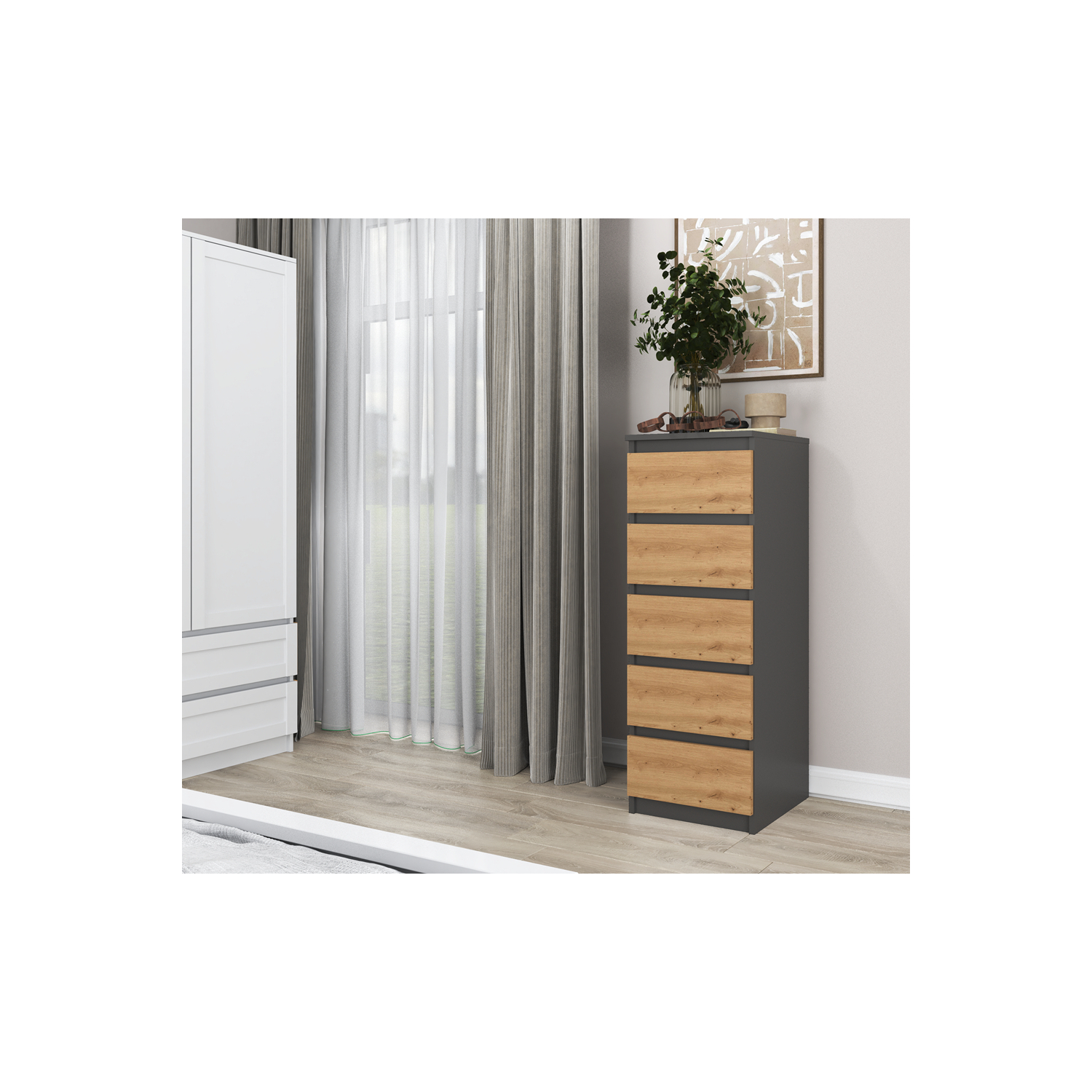 Komoda do Sypialni NELA W5 40 cm Dąb Artisan/Antracyt z Pięcioma Szufladami Nowoczesna Loft topeshop.49169984-4b14-49b5-9b0c-087ac5244679