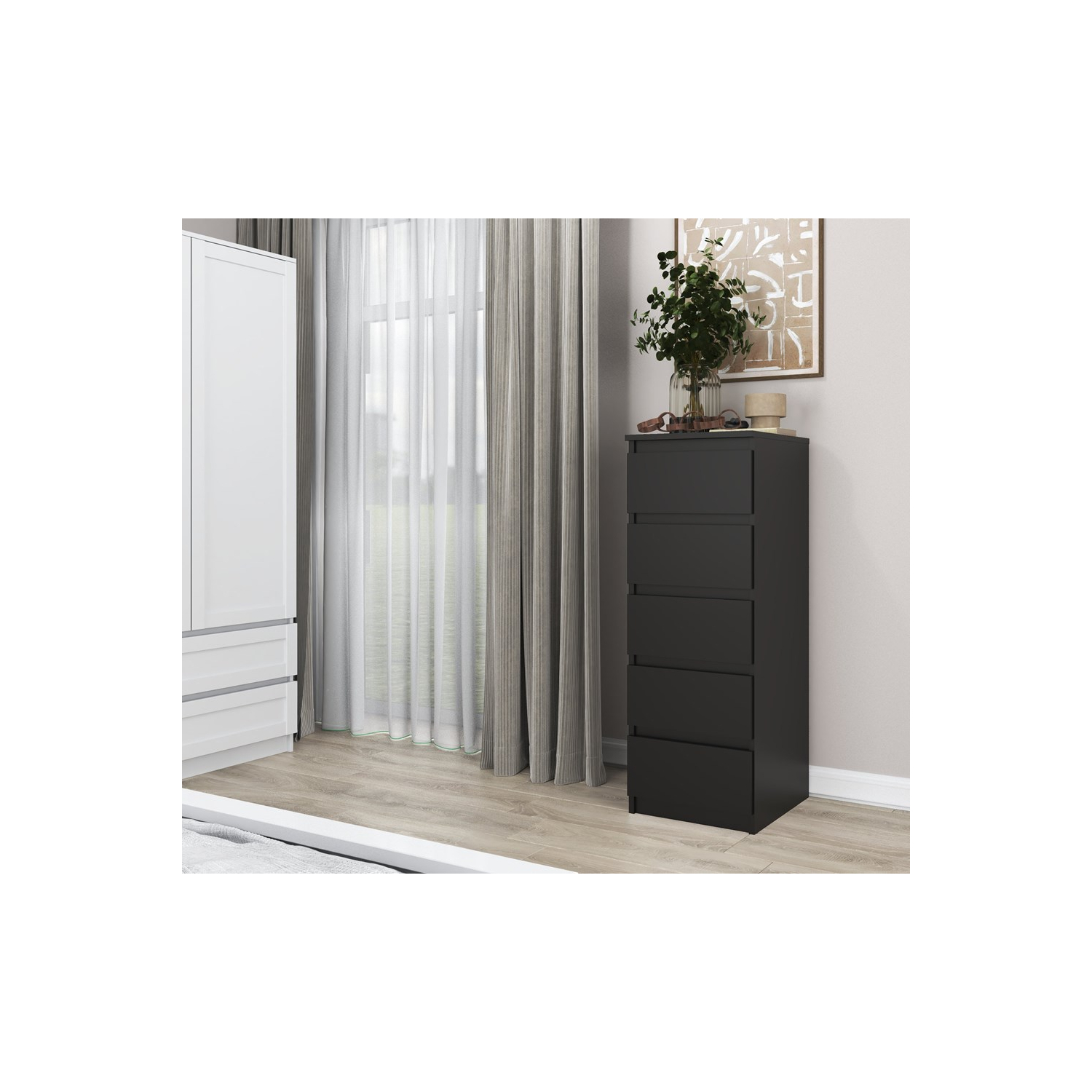 Komoda do Sypialni NELA W5 40 cm Czarna z Pięcioma Szufladami Nowoczesna topeshop.8093ece8-4611-4367-8a35-d0e60cbc23a3
