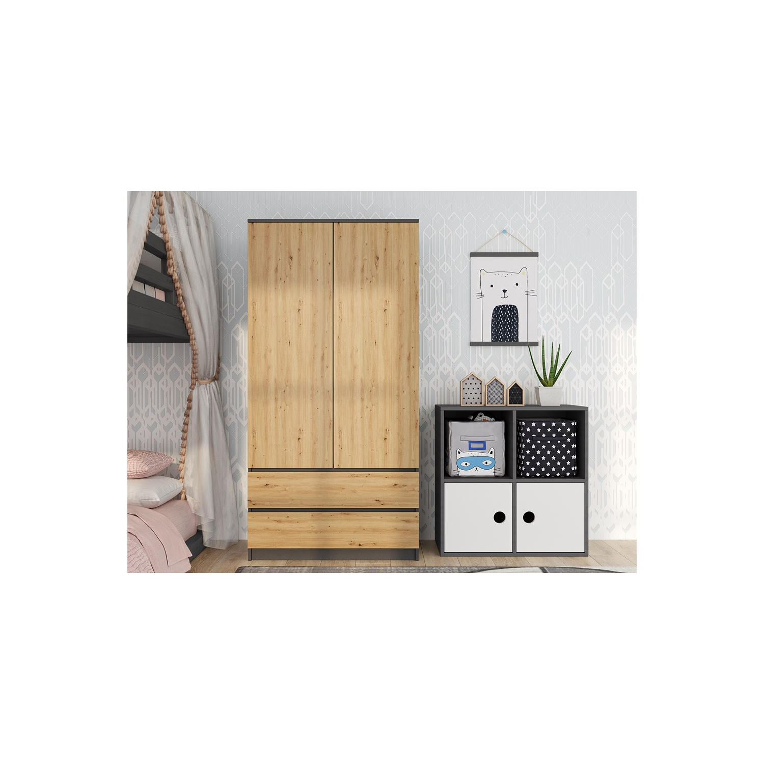 Szafa Dwudrzwiowa NELA SS 90 cm Dąb Artisan/Antracyt z Szufladami Loft topeshop.fd7d9192-9dbd-48a7-92b8-00219395fa05