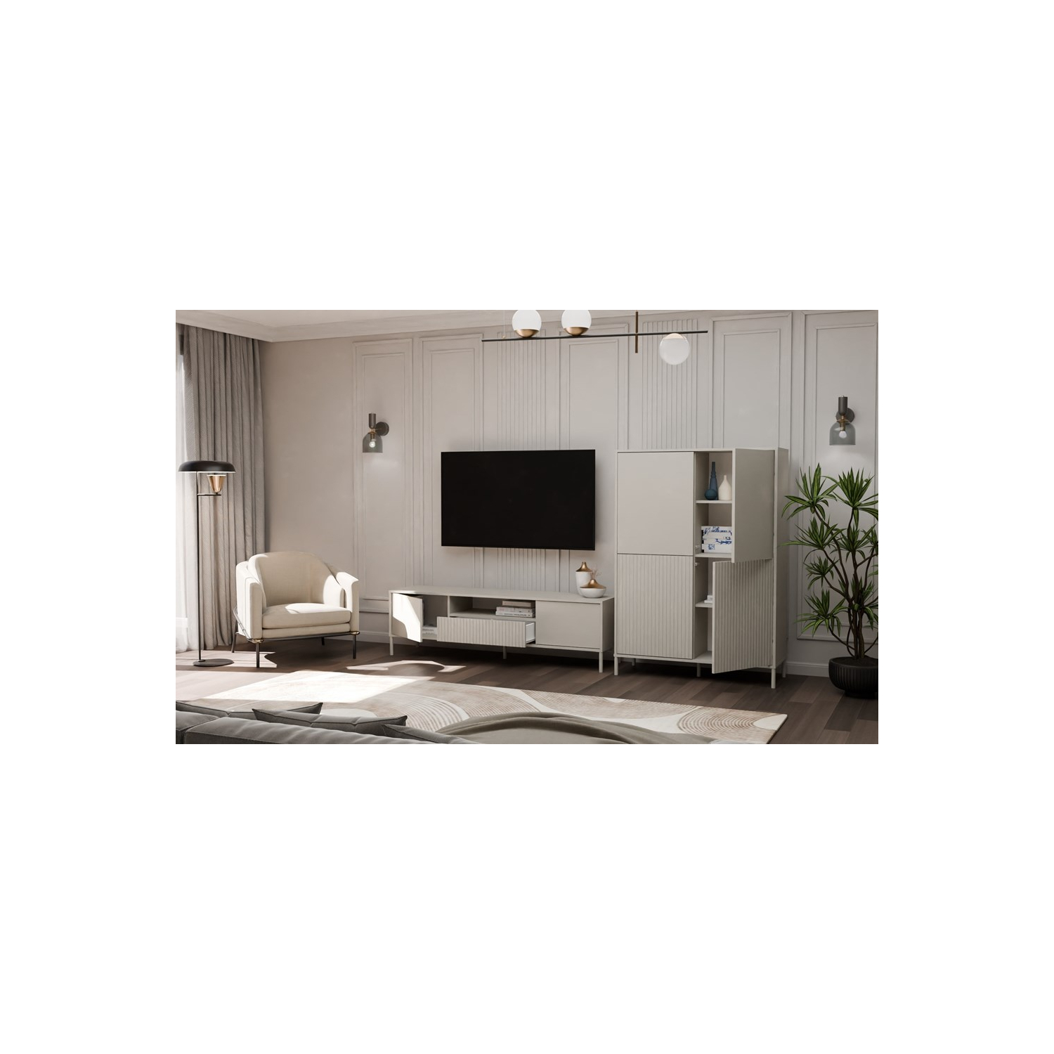 Szafka RTV LUMA 164 cm Kaszmir z Szufladą Ryflowana do Salonu Nowoczesna topeshop.239a7149-280f-496f-92b3-da4268b26fd7