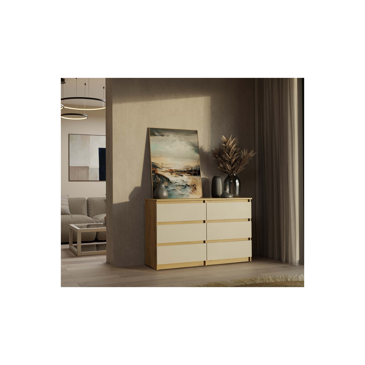 Komoda do Salonu NELA M6 120 cm Dąb Artisan/Kaszmir z Sześcioma Szufladami Nowoczesna topeshop.06391401-f4da-425e-99d3-c0114bb50de7