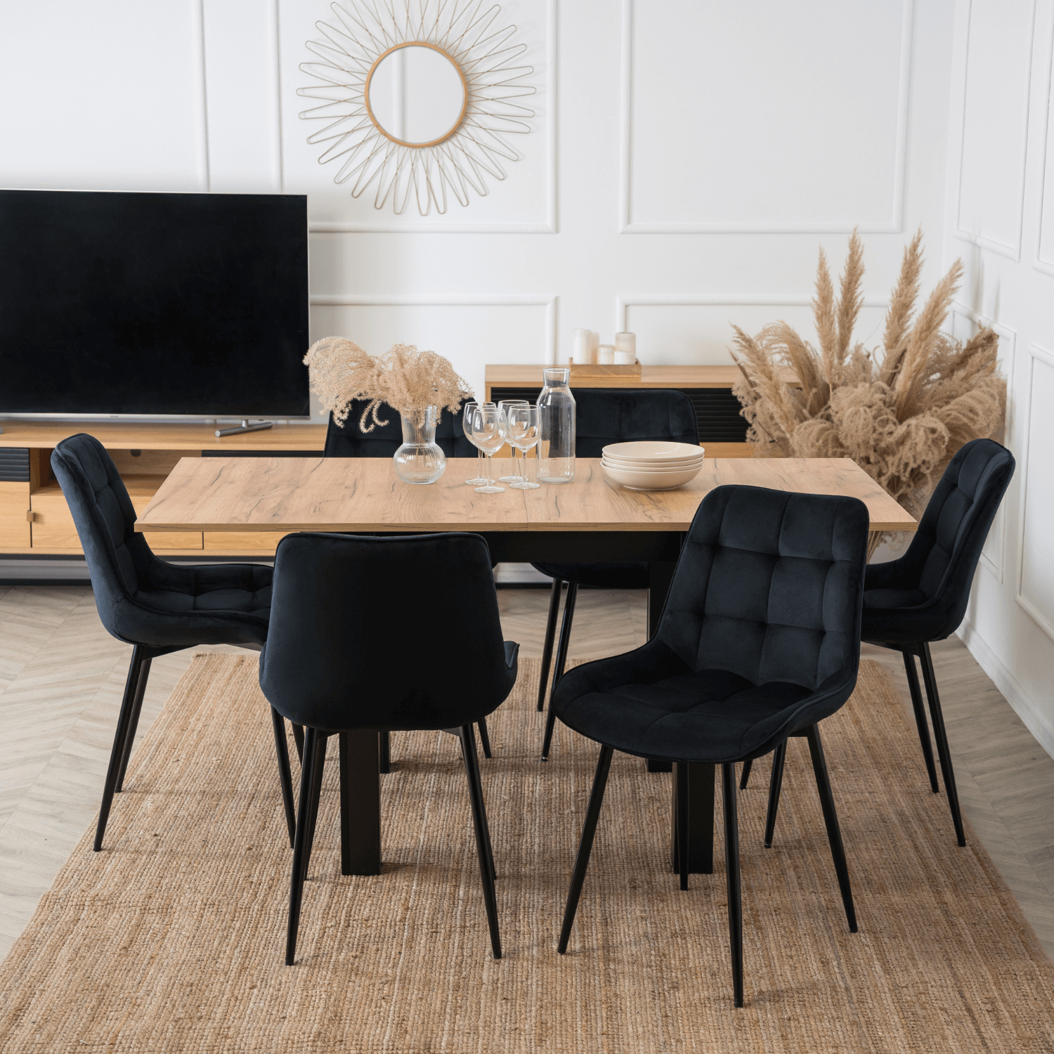 Zestaw Stół Kwadratowy Rozkładany MAX 80-160 cm Dąb Craft/Czarny i 6 Krzeseł Tapicerowanych CHRIS Czarnych Nowoczesnych W.MAX/DC/CZ/S/CHRIS/CZ/CZ/V/Z6