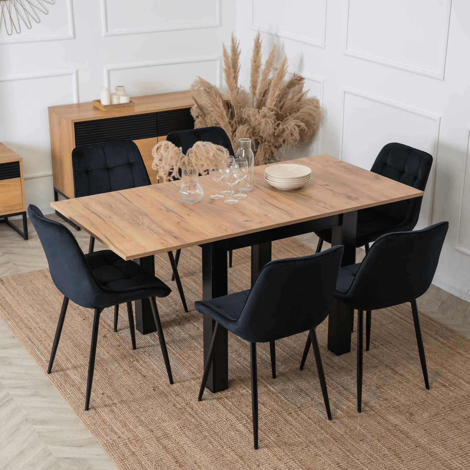 Zestaw Stół Kwadratowy Rozkładany MAX 80-160 cm Dąb Craft/Czarny i 6 Krzeseł Tapicerowanych CHRIS Czarnych Nowoczesnych W.MAX/DC/CZ/S/CHRIS/CZ/CZ/V/Z6