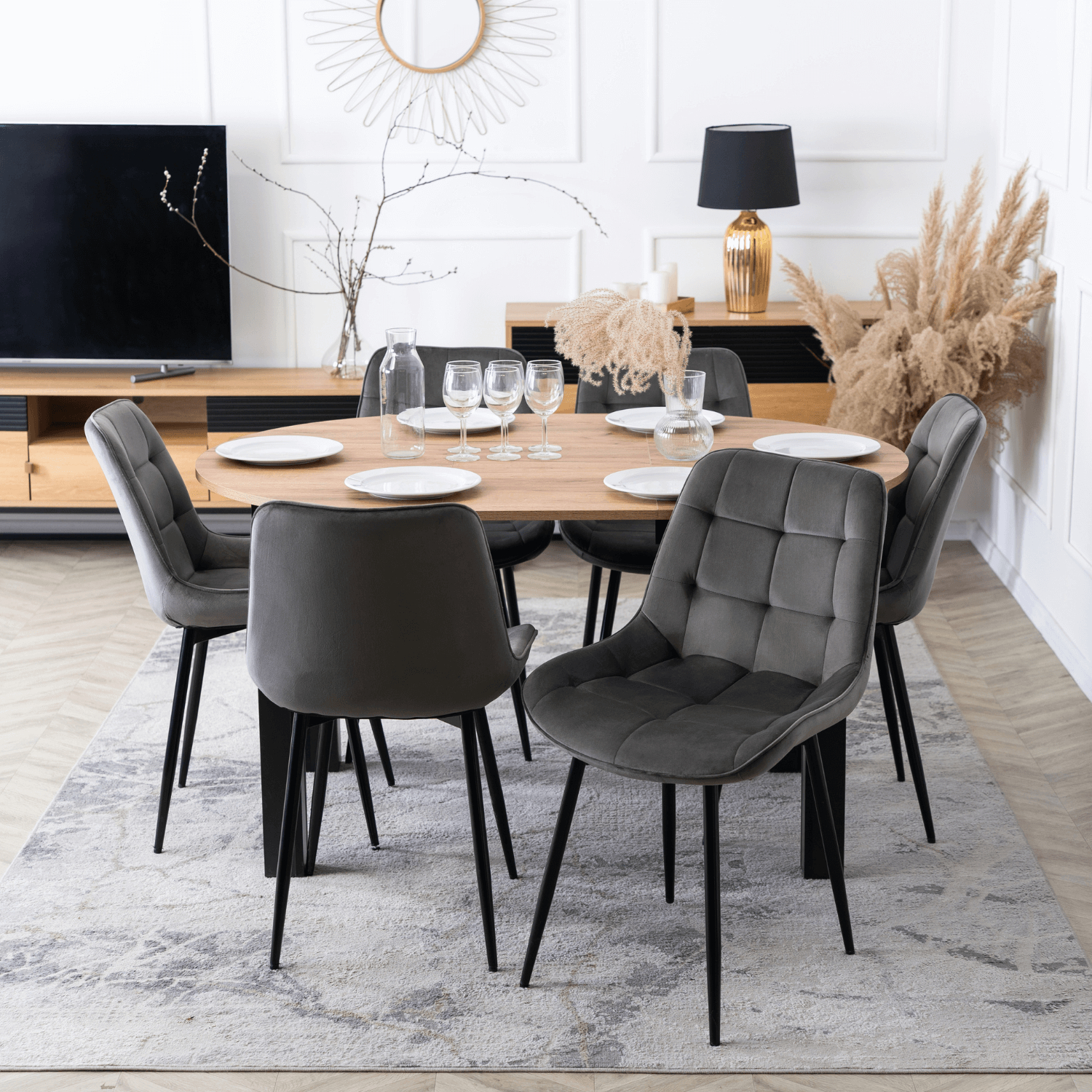 Zestaw Stół Okrągły Rozkładany HARRY 102-142 cm Dąb Craft/Czarny i 6 Krzeseł Tapicerowanych CHRIS Szarych Nowoczesnych W.HARRY/DC/CZ/S/CHRIS/P/CZ/V/Z6