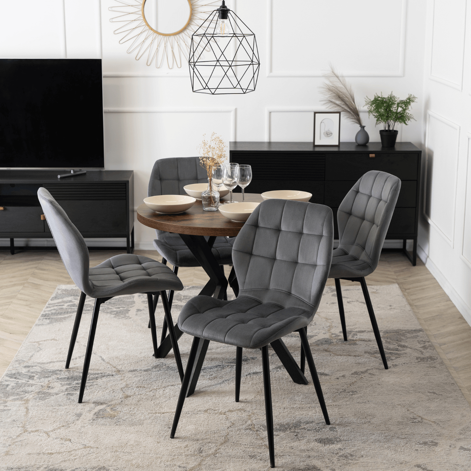 Zestaw Stół Okrągły Rozkładany DORIAN 80-160 cm Dąb Rustykalny/Czarny i 4 Krzesła Tapicerowane do Jadalni LUCKY Szare Welurowe DORIAN/DRU/CZ/S/LUCKY/P