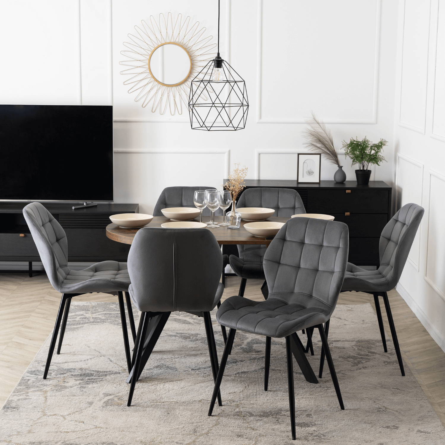 Zestaw Stół Okrągły Rozkładany DORIAN 80-160 cm Dąb Rustykalny/Czarny i 6 Krzeseł Tapicerowanych do Jadalni LUCKY Szare Welurowe DORIAN/DRU/CZ/S/LUCKY