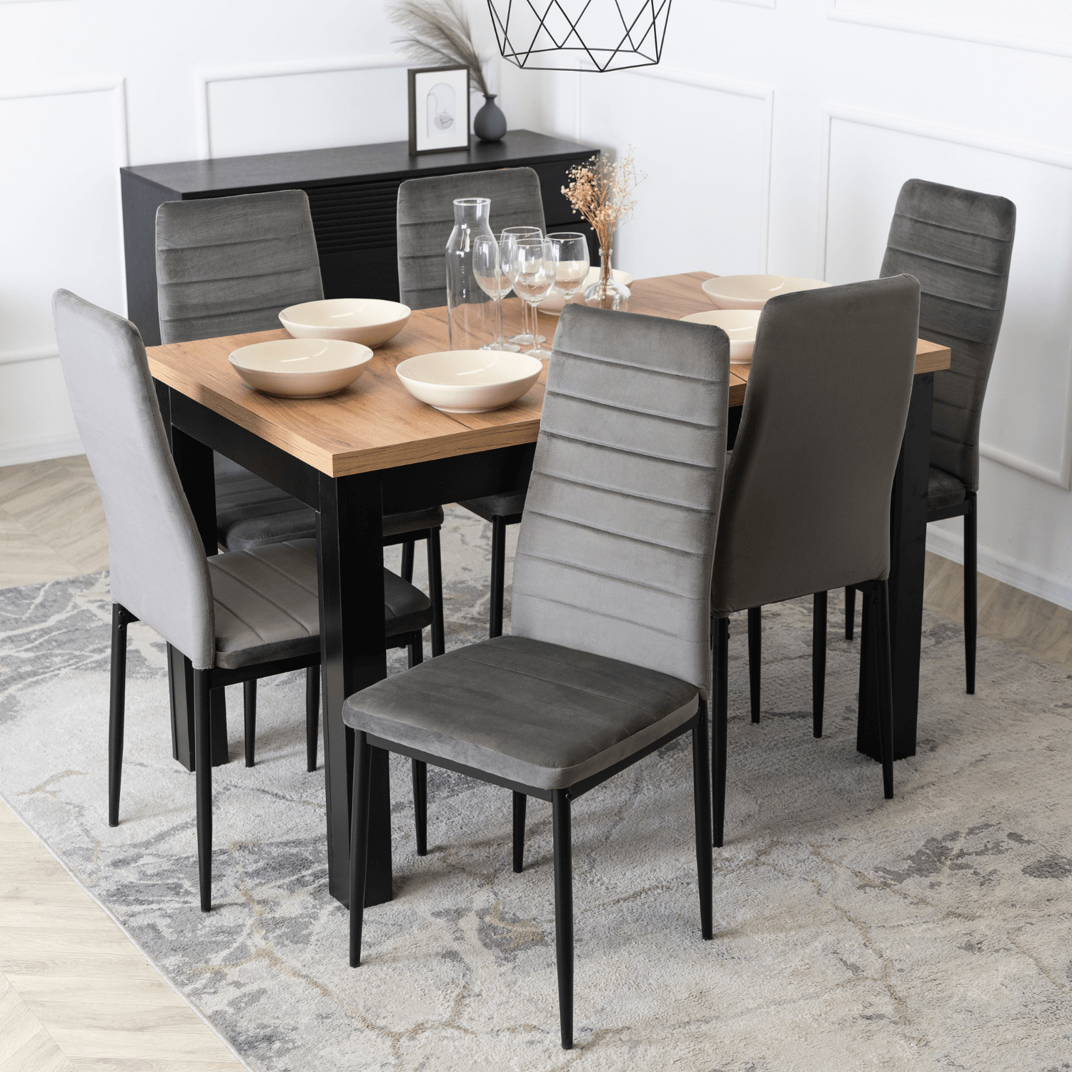 Zestaw Stół Rozkładany SKUBI 120-160 cm Dąb Craft/Czarny i 6 Krzeseł NARIS Szarych Welurowych W.SKUBI/DC/CZ/S/NARIS/P/CZ/V/Z6/K