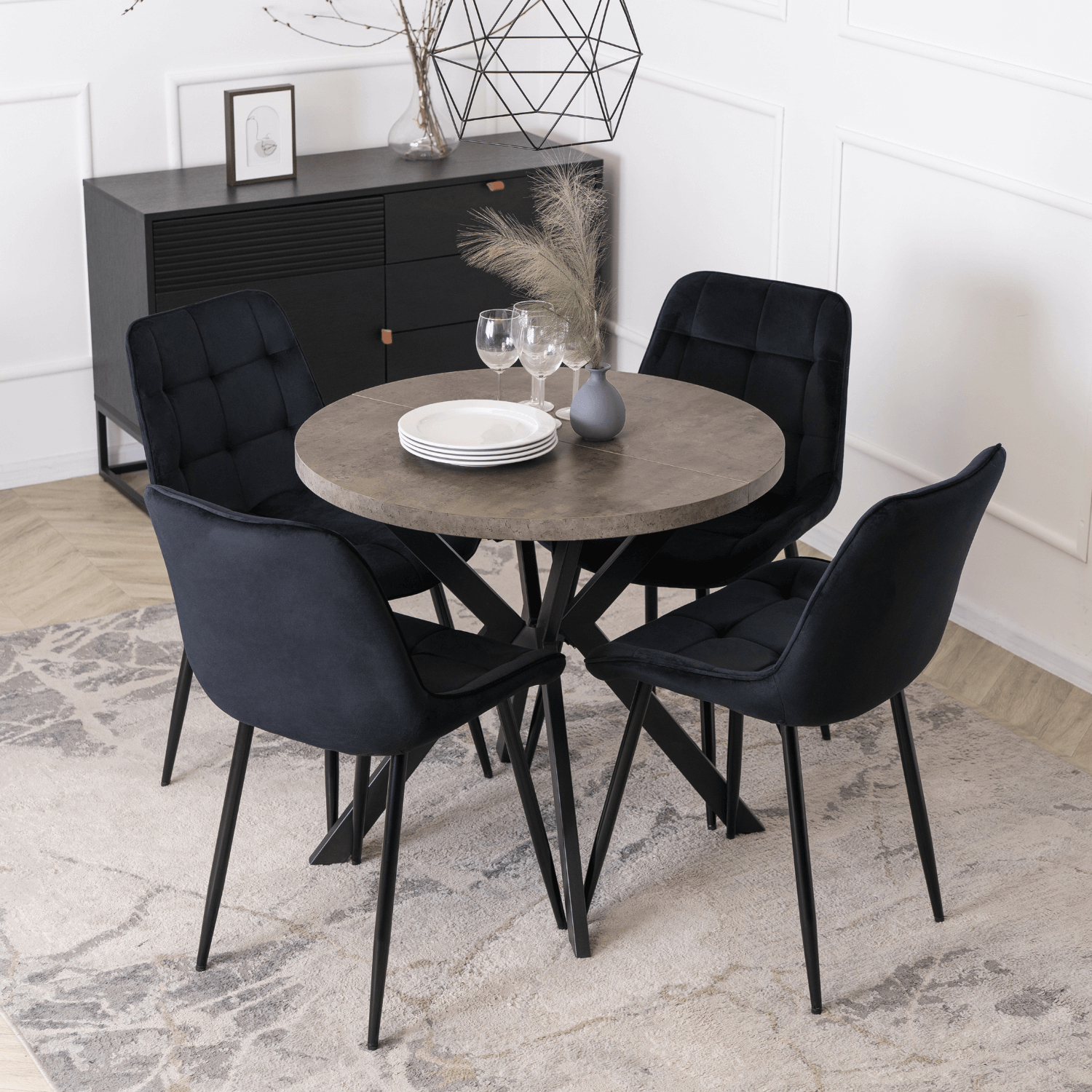 Stół Okrągły Rozkładany DORIAN 80-160 cm Beton/Czarny Nowoczesny Loft ME.DORIAN/BET/CZ/S