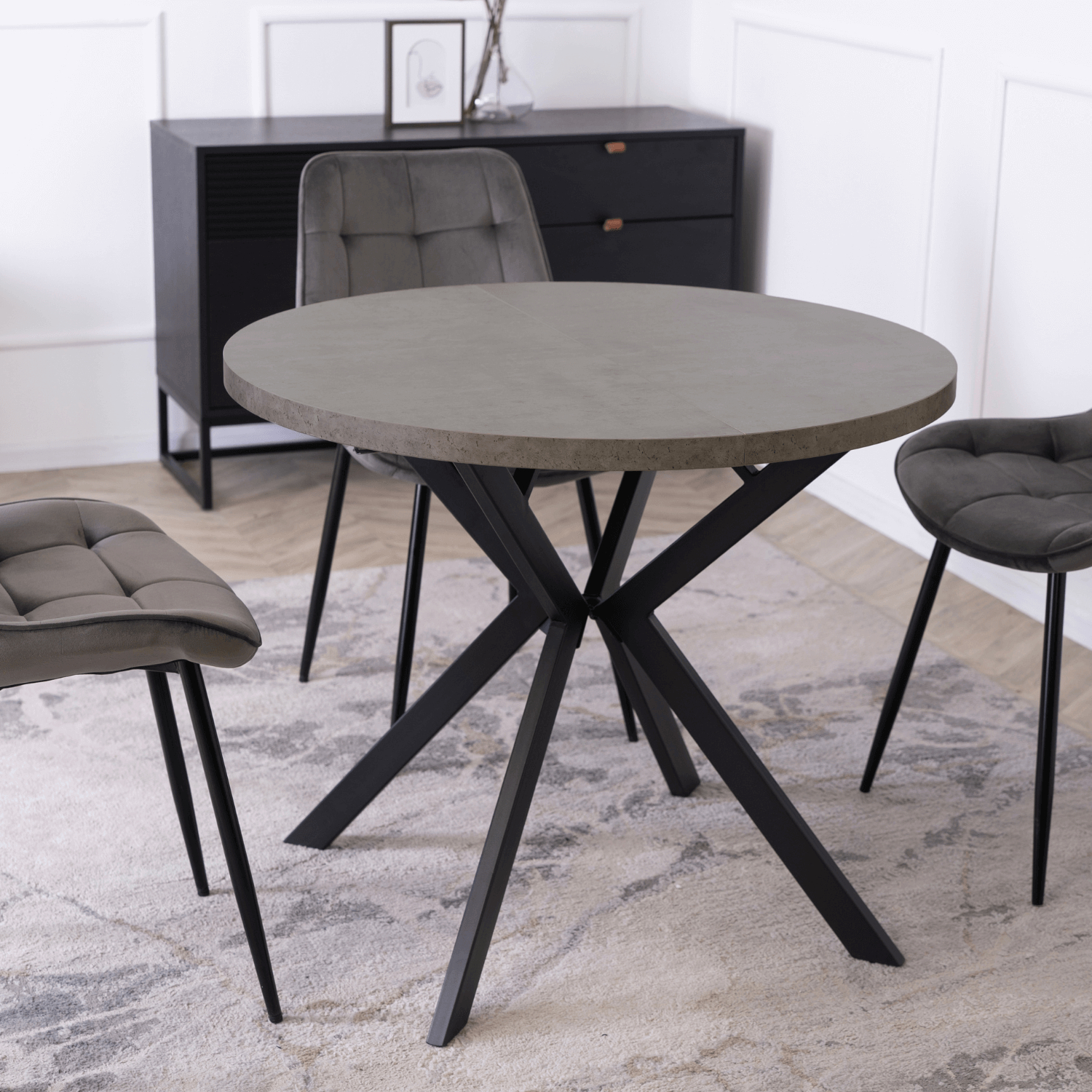 Stół Okrągły Rozkładany LUGO 90-190 cm Beton/Czarny Loft ME.LUGO/BET/CZ/S