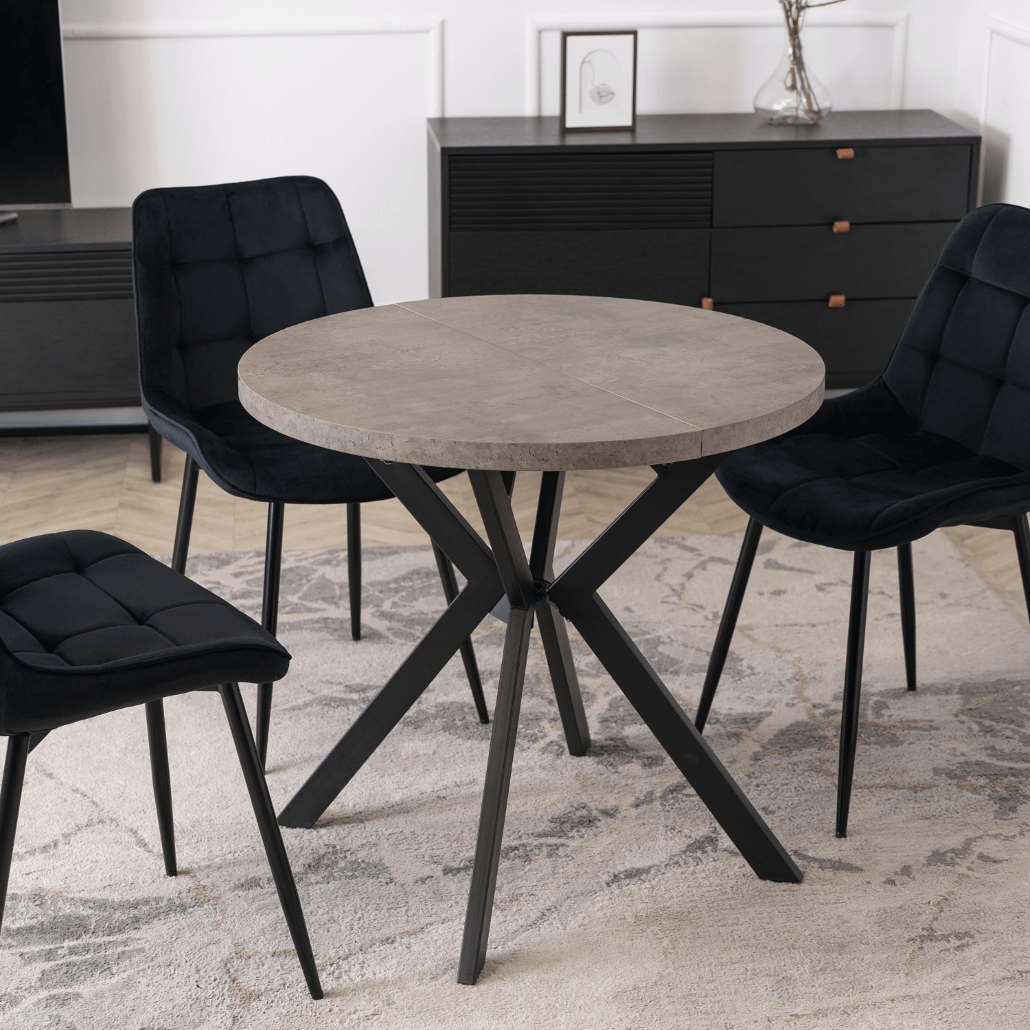 Stół Okrągły Rozkładany DORIAN 80-160 cm Beton/Czarny Nowoczesny Loft ME.DORIAN/BET/CZ/S