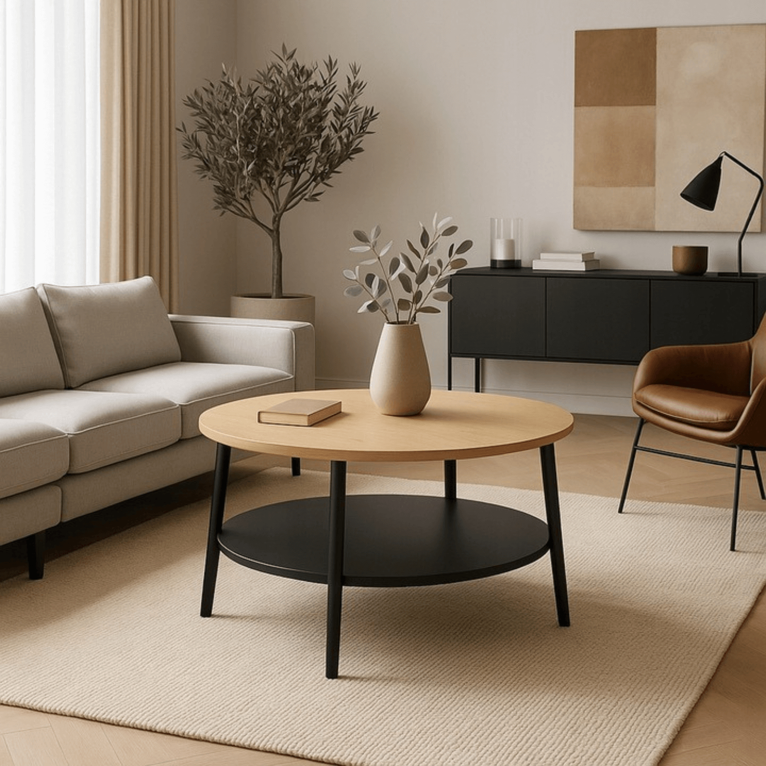 Stolik Kawowy Okrągły PAULO MAX 80 cm Dąb/Czarny Nowoczesny Loft ME.PAULOMAX/D/CZ/L