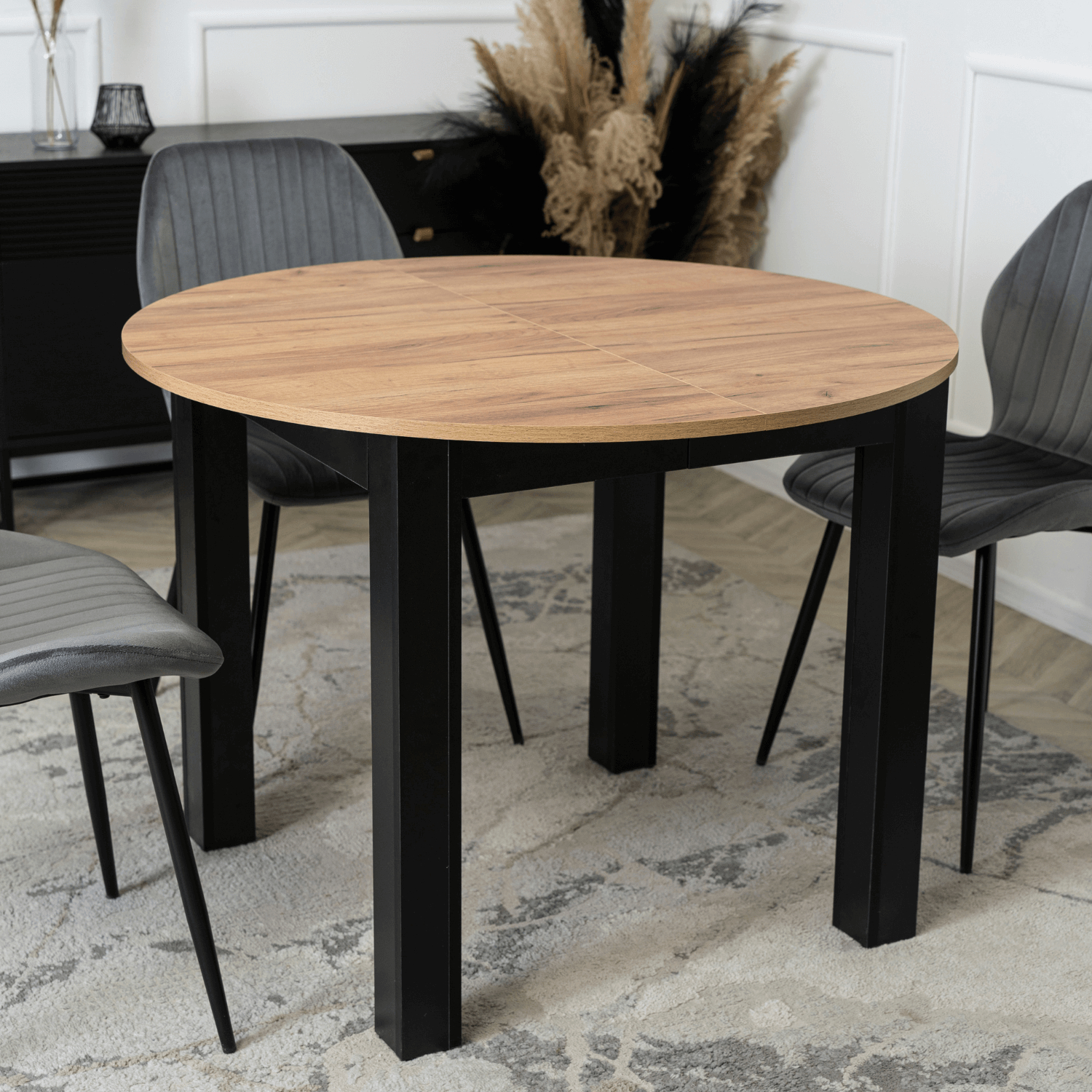Stół Okrągły Rozkładany HARRY 102-142 cm Dąb Craft/Czarny Nowoczesny W.HARRY/DC/CZ/S
