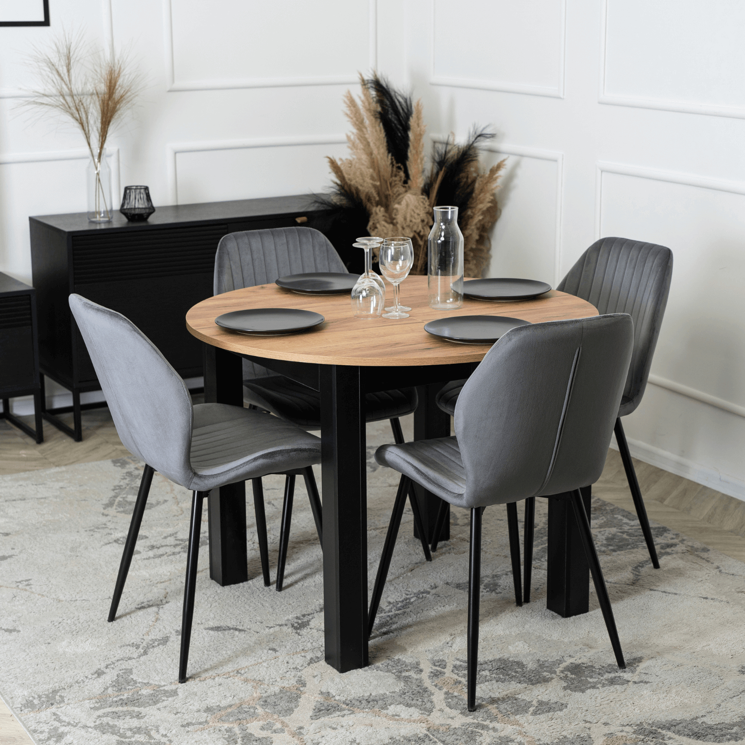 Stół Okrągły Rozkładany HARRY 102-142 cm Dąb Craft/Czarny Nowoczesny W.HARRY/DC/CZ/S