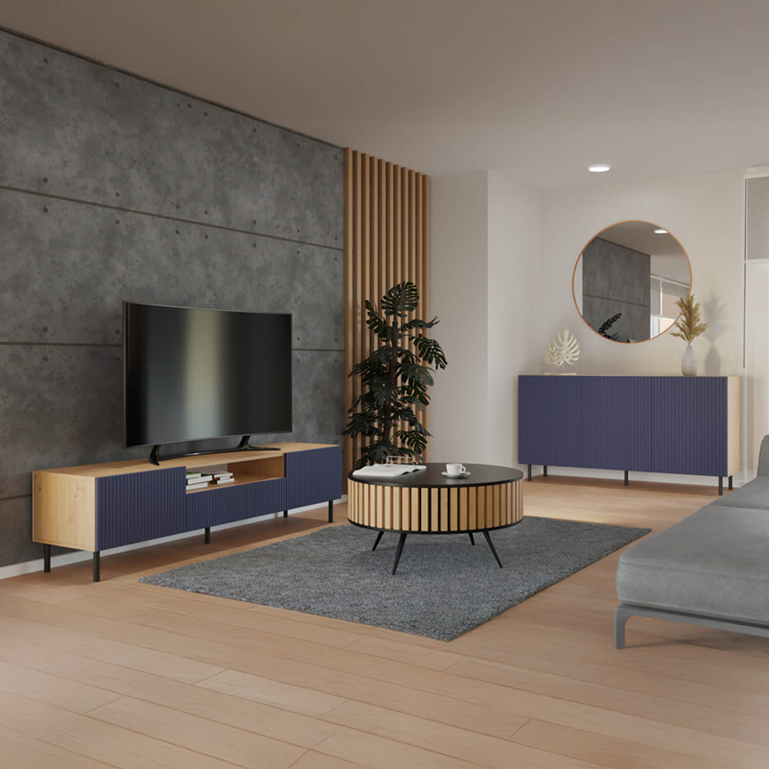 Komoda do Salonu ELIA SLIM 150 cm Dąb Artisan/Granat Trzydrzwiowa Ryflowana Nowoczesna Loft topeshop.5c7f8aab-7515-4848-ada8-74ee403905cf
