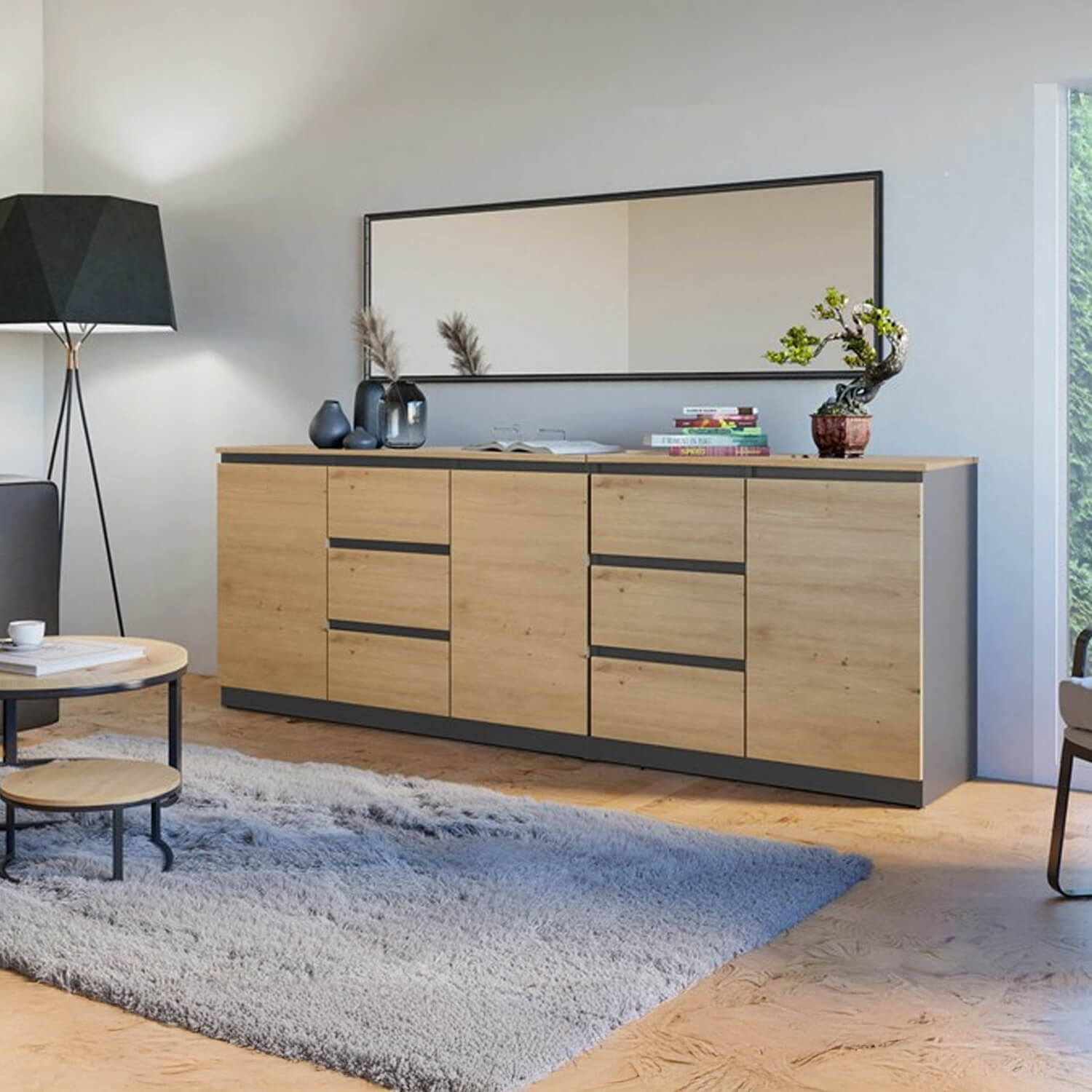 Komoda do Salonu LEORA 200 cm Dąb Artisan/Grafit Trzydrzwiowa Nowoczesna Loft topeshop.265d3486-d8ea-4c8d-8ebc-db637070b3cc