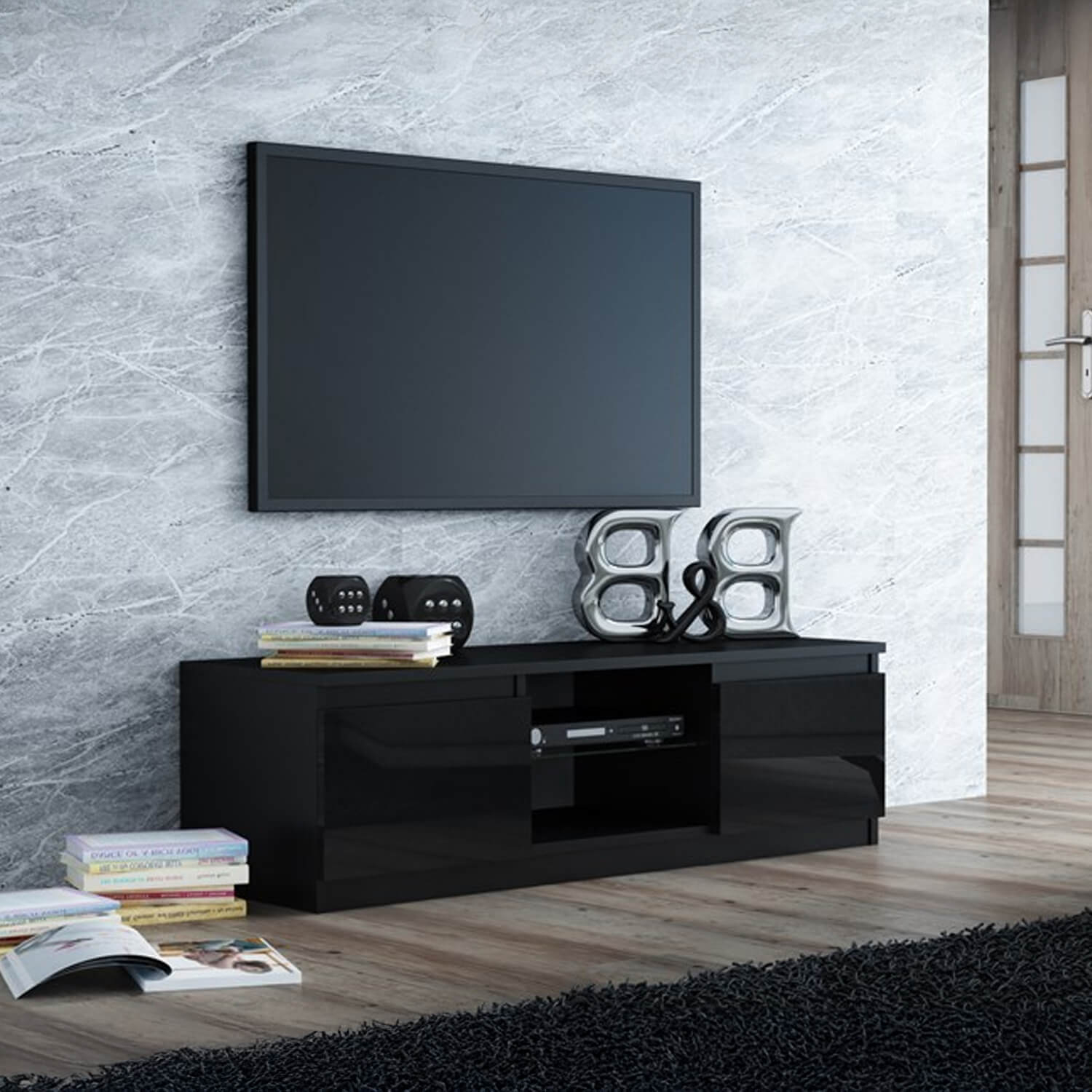 Szafka RTV NELA 120 cm Czarna Połysk Dwudrzwiowa do Salonu Nowoczesna topeshop.e2dcdf5f-4400-4d05-8e85-70a9abe9fea3