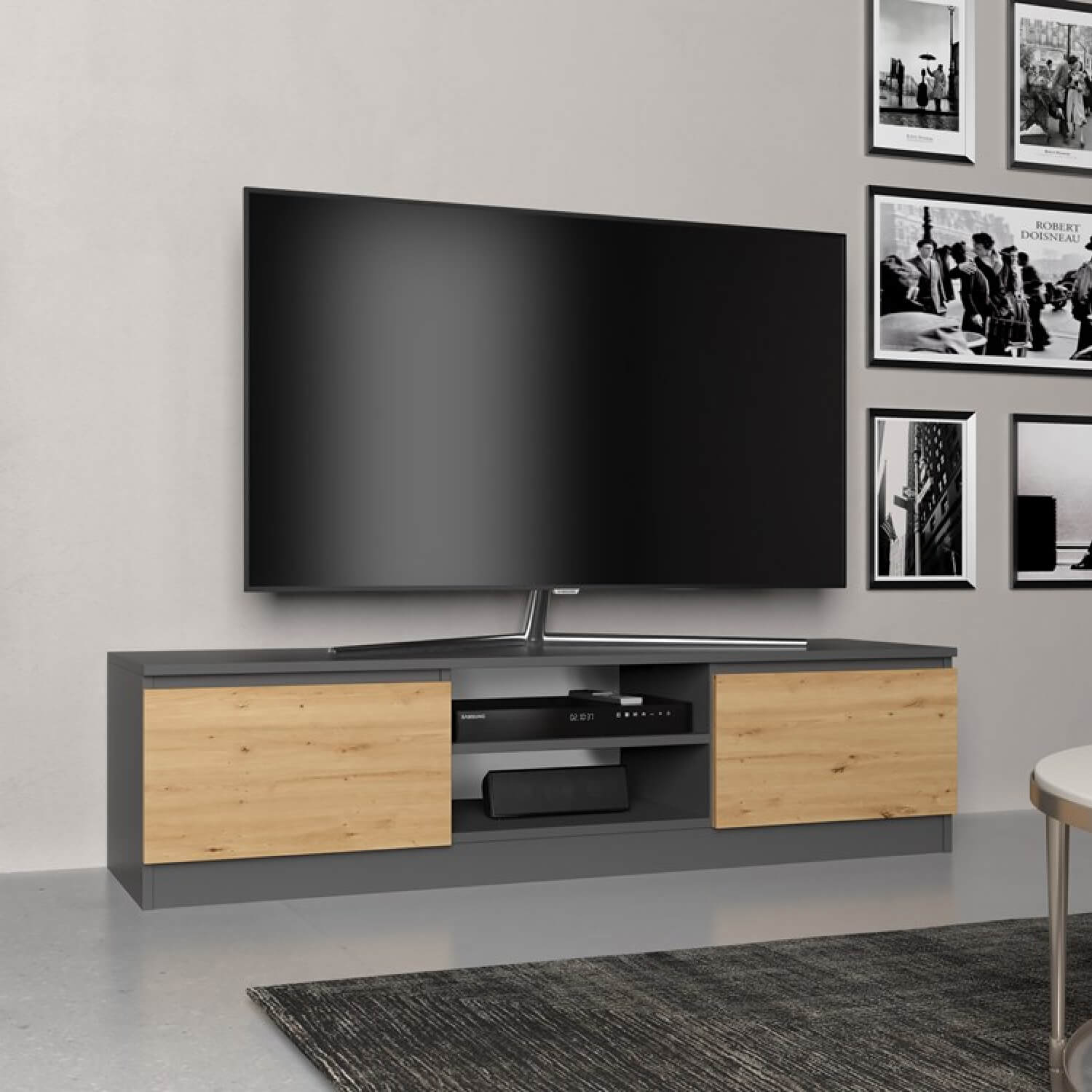 Szafka RTV NELA 140 cm Antracyt/Dąb Artisan Dwudrzwiowa do Salonu Loft topeshop.cf68e0cc-40c3-4b09-a21b-64a7cfe9d32c