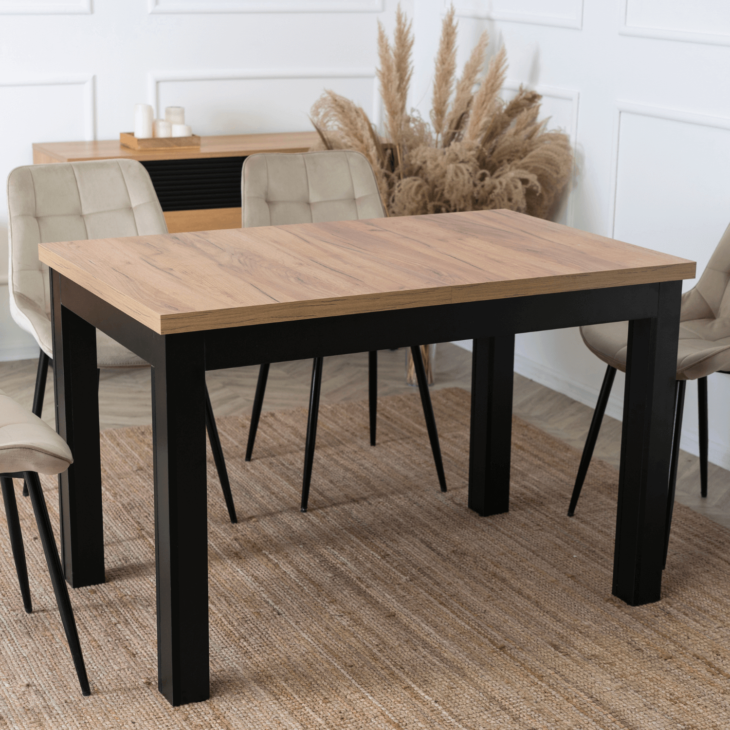 Stół Prostokątny Rozkładany SKUBI 120-160 cm Dąb Craft/Czarny Nowoczesny Loft W.SKUBI/DC/CZ/S